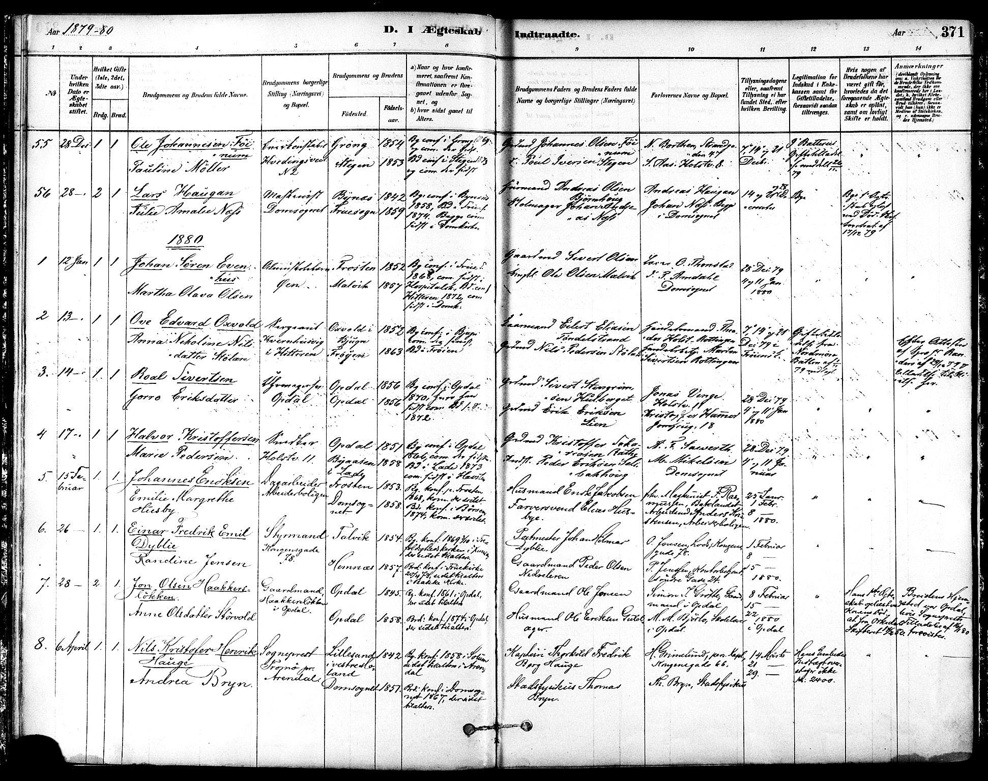 Ministerialprotokoller, klokkerbøker og fødselsregistre - Sør-Trøndelag, AV/SAT-A-1456/601/L0058: Parish register (official) no. 601A26, 1877-1891, p. 371