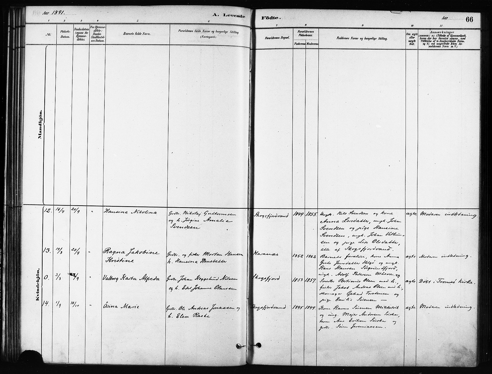 Karlsøy sokneprestembete, AV/SATØ-S-1299/H/Ha/Haa/L0011kirke: Parish register (official) no. 11, 1879-1892, p. 66