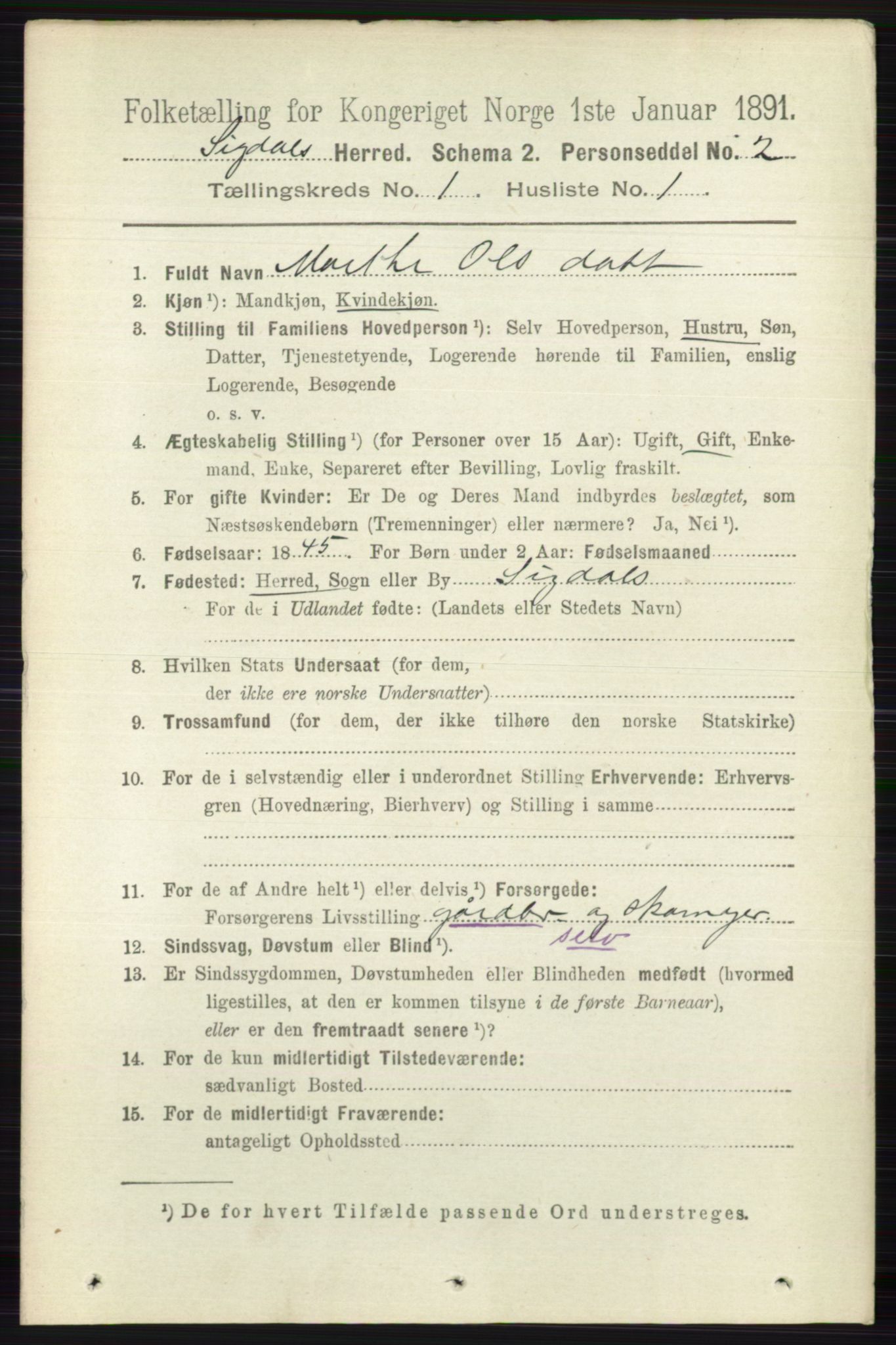 RA, 1891 census for 0621 Sigdal, 1891, p. 188