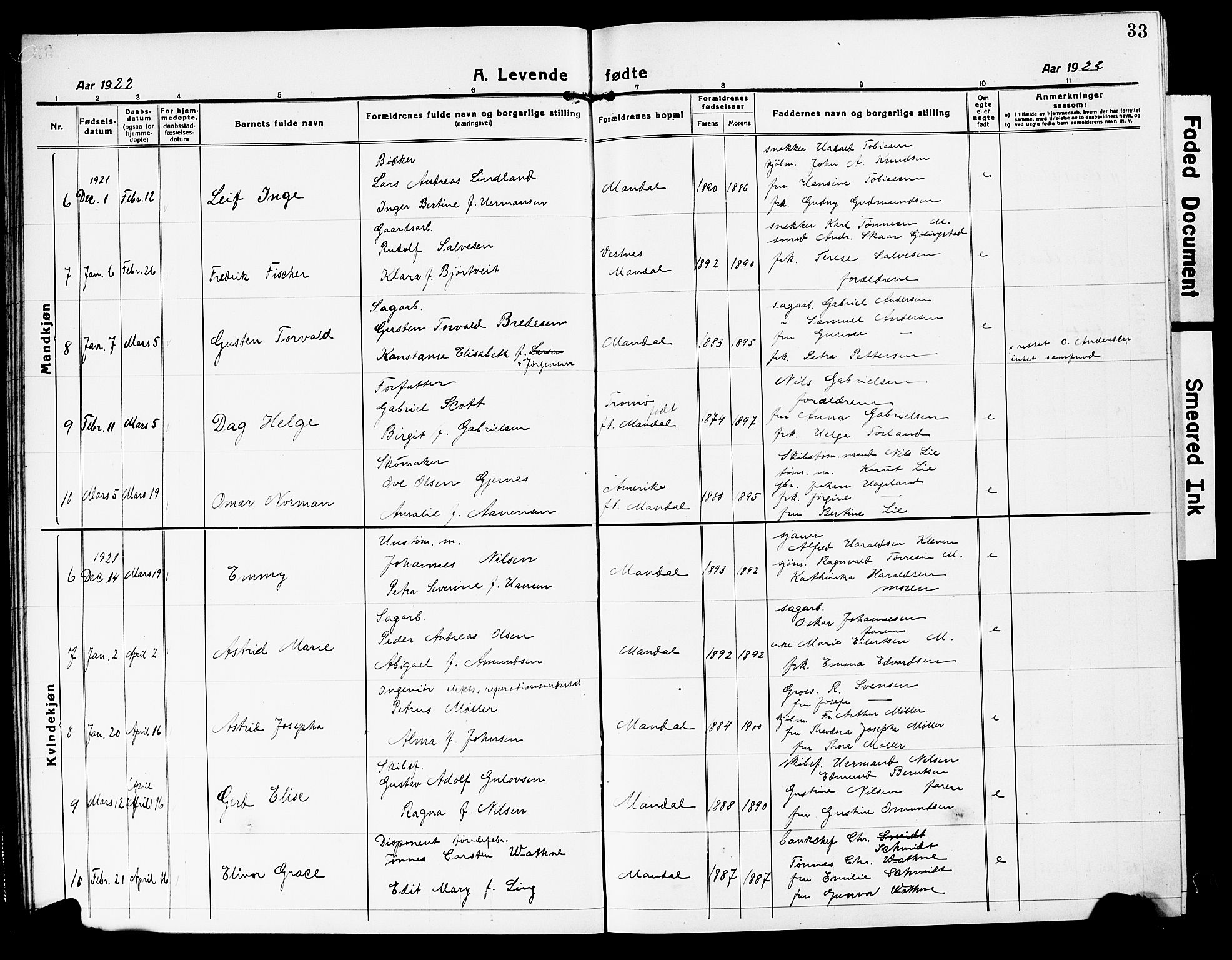 Mandal sokneprestkontor, SAK/1111-0030/F/Fb/Fbc/L0001: Parish register (copy) no. B 1, 1918-1931, p. 33
