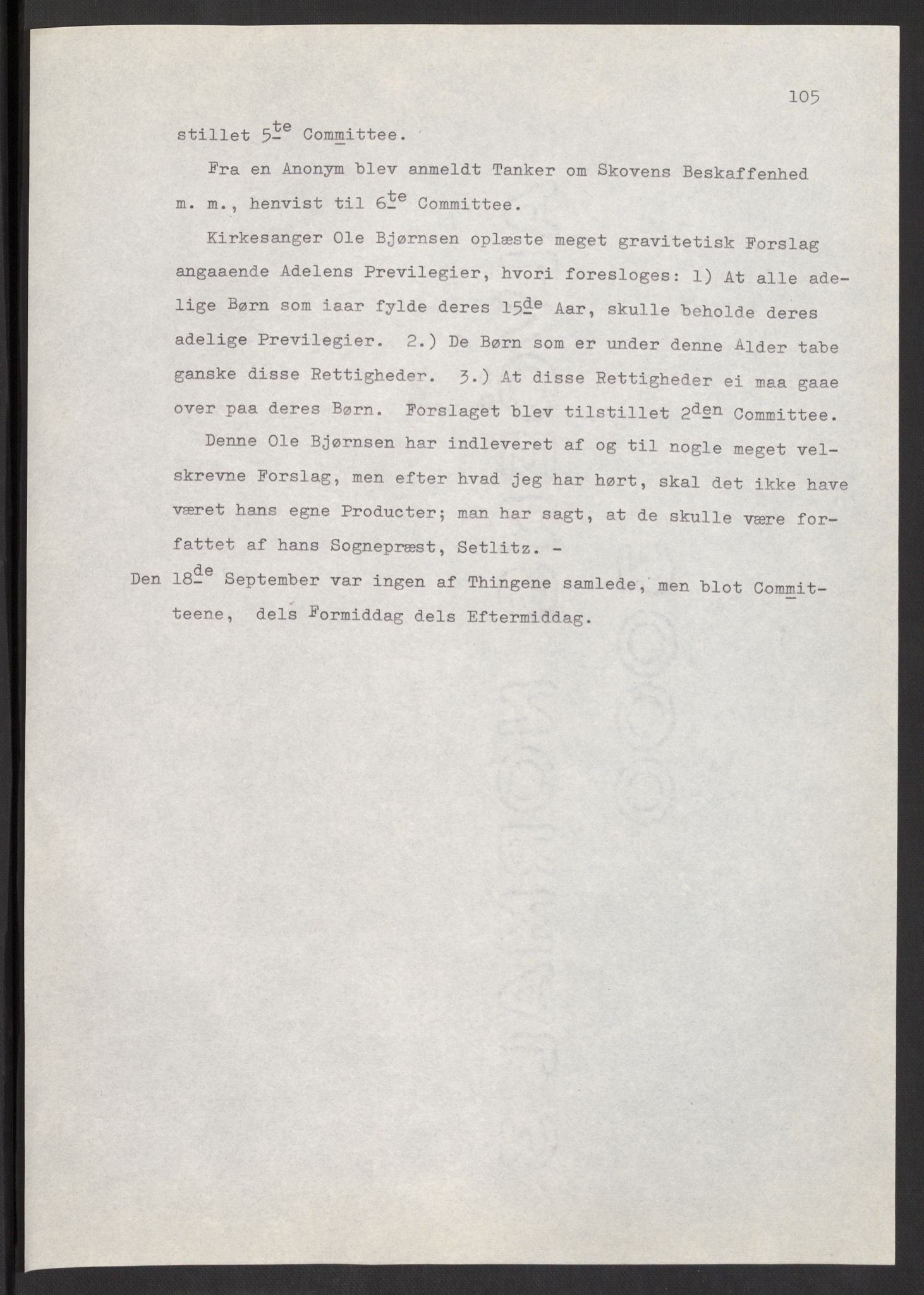 Manuskriptsamlingen, AV/RA-EA-3667/F/L0197: Wetlesen, Hans Jørgen (stortingsmann, ingeniørkaptein); Referat fra Stortinget 1815-1816, 1815-1816, p. 105