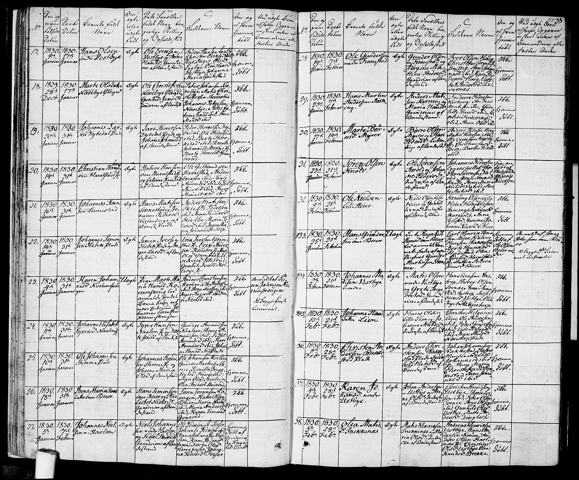 Rakkestad prestekontor Kirkebøker, SAO/A-2008/F/Fa/L0007: Parish register (official) no. I 7, 1825-1841, p. 38