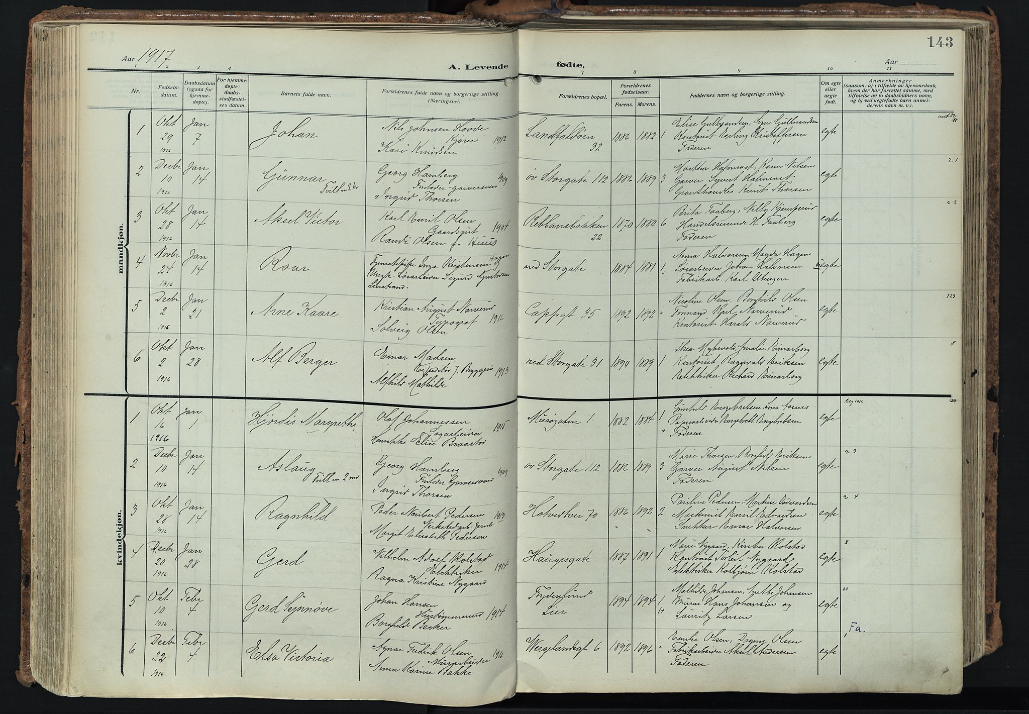 Bragernes kirkebøker, SAKO/A-6/F/Fb/L0010: Parish register (official) no. II 10, 1911-1922, p. 143
