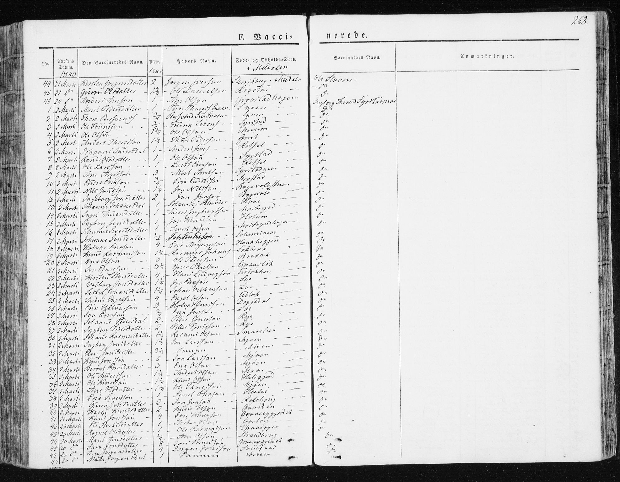 Ministerialprotokoller, klokkerbøker og fødselsregistre - Sør-Trøndelag, AV/SAT-A-1456/672/L0855: Parish register (official) no. 672A07, 1829-1860, p. 268