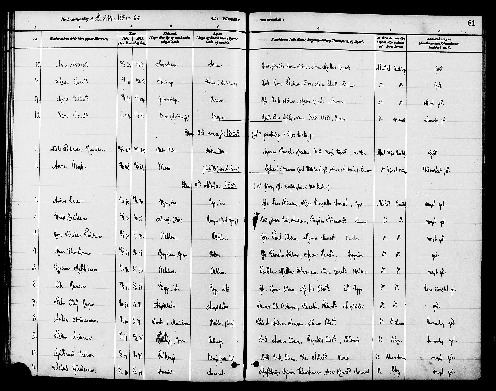 Gran prestekontor, SAH/PREST-112/H/Ha/Haa/L0015: Parish register (official) no. 15, 1880-1888, p. 81