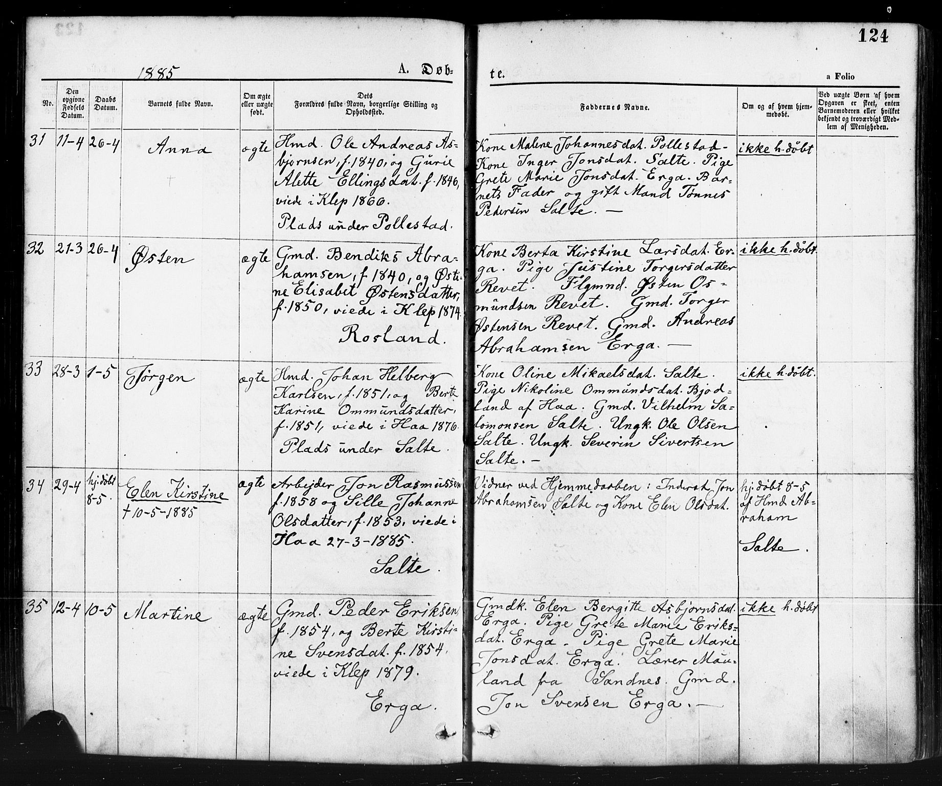 Klepp sokneprestkontor, SAST/A-101803/001/3/30BA/L0006: Parish register (official) no. A 6, 1871-1885, p. 124