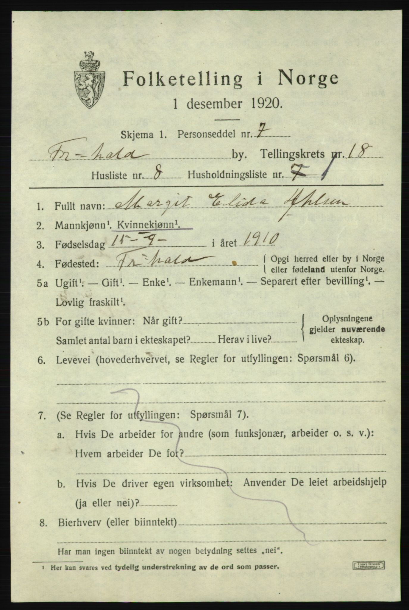 SAO, 1920 census for Fredrikshald, 1920, p. 27235