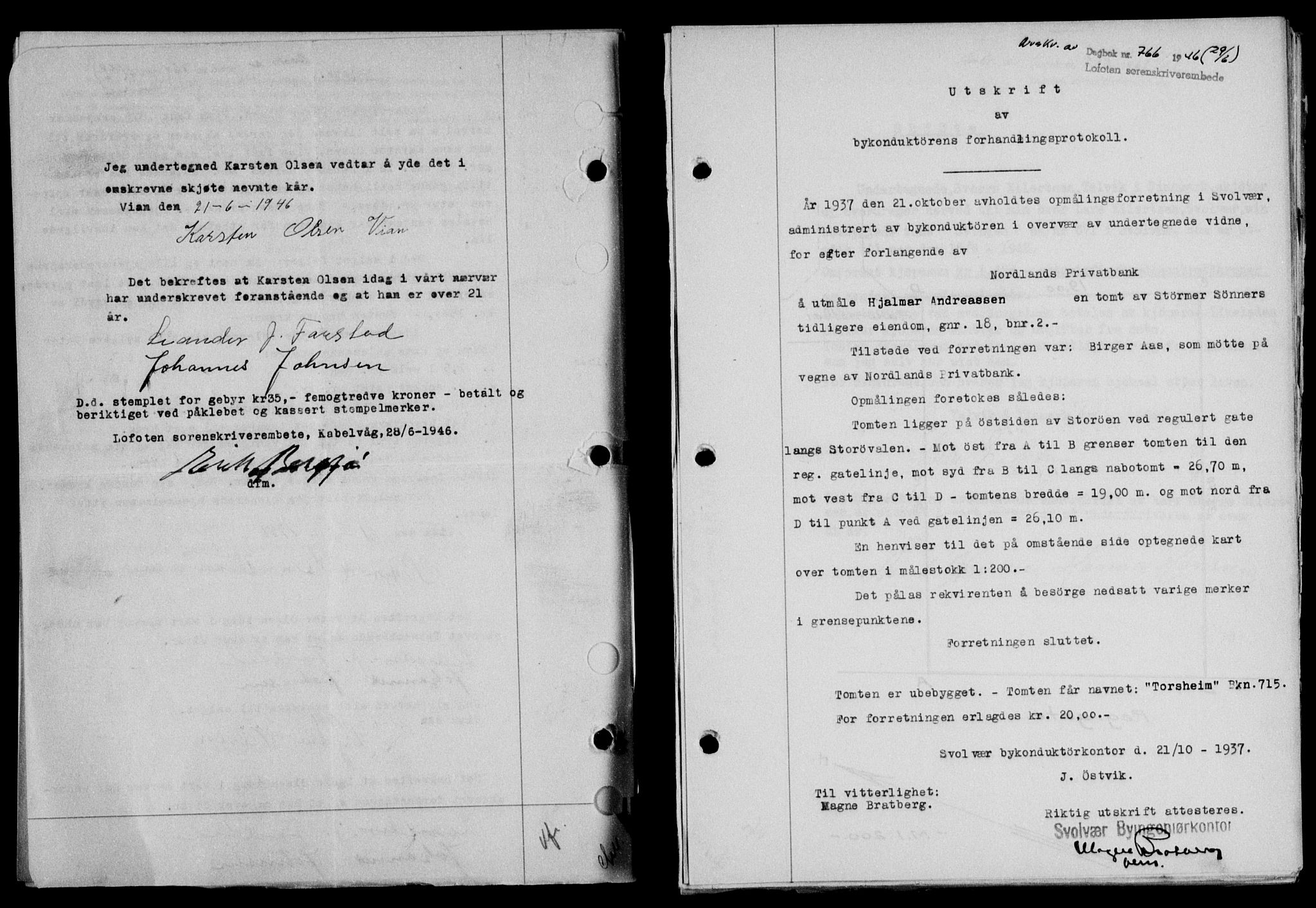 Lofoten sorenskriveri, SAT/A-0017/1/2/2C/L0014a: Mortgage book no. 14a, 1946-1946, Diary no: : 766/1946