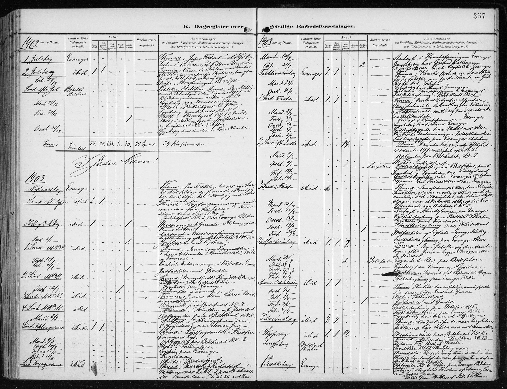 Evanger sokneprestembete, SAB/A-99924: Parish register (official) no. A  3, 1900-1930, p. 357