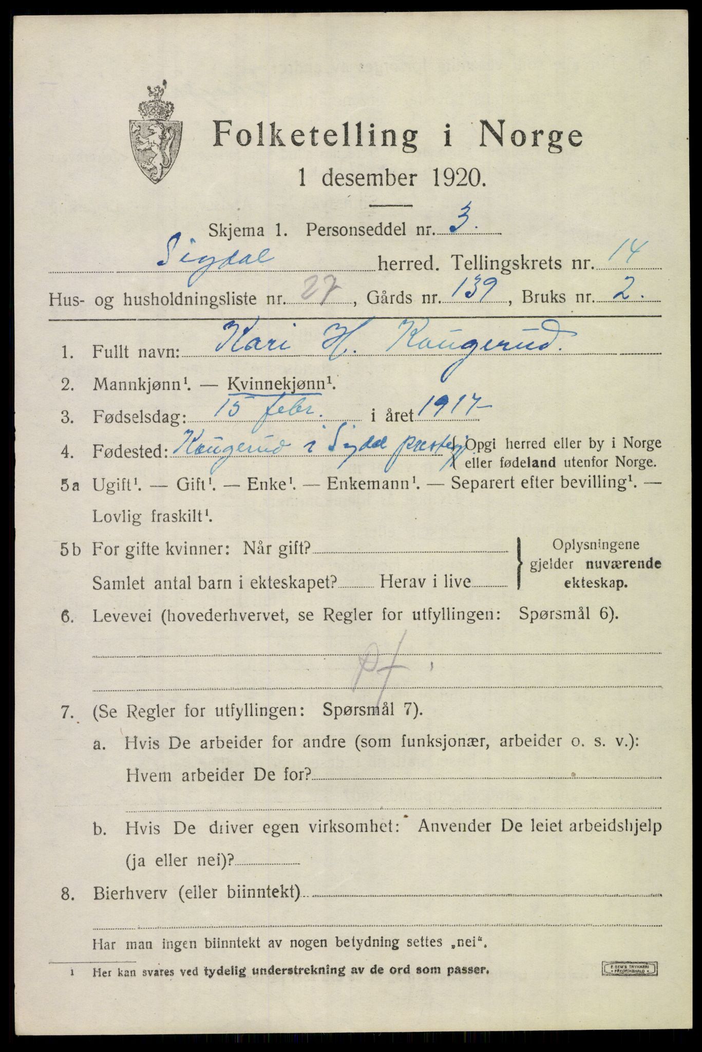 SAKO, 1920 census for Sigdal, 1920, p. 8904