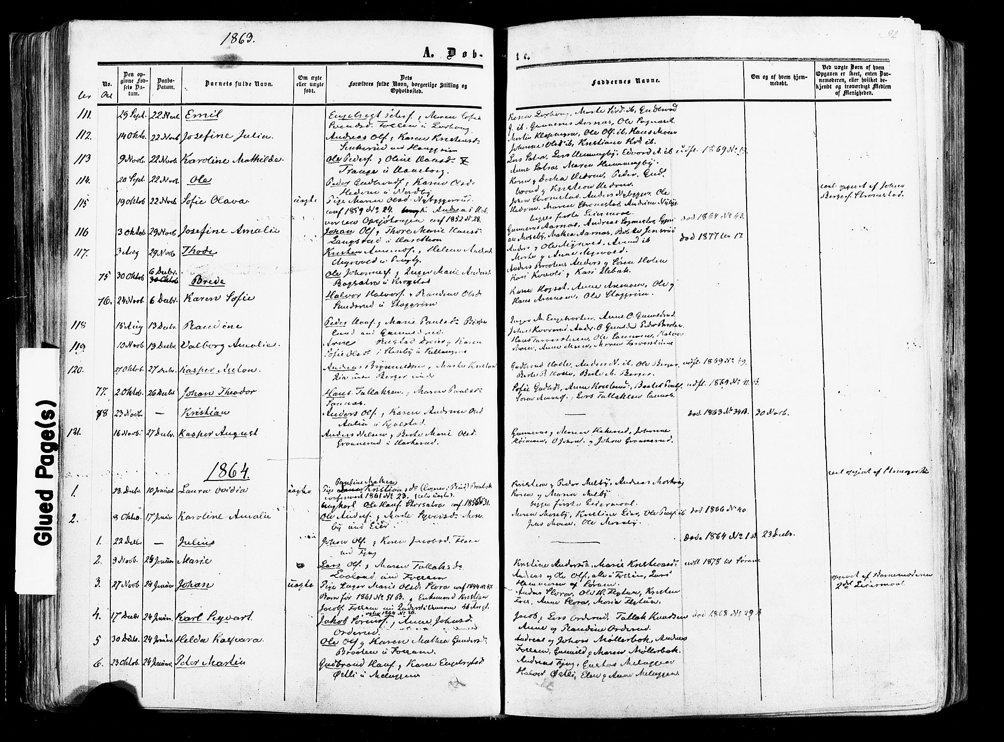 Aurskog prestekontor Kirkebøker, SAO/A-10304a/F/Fa/L0007: Parish register (official) no. I 7, 1854-1877, p. 92