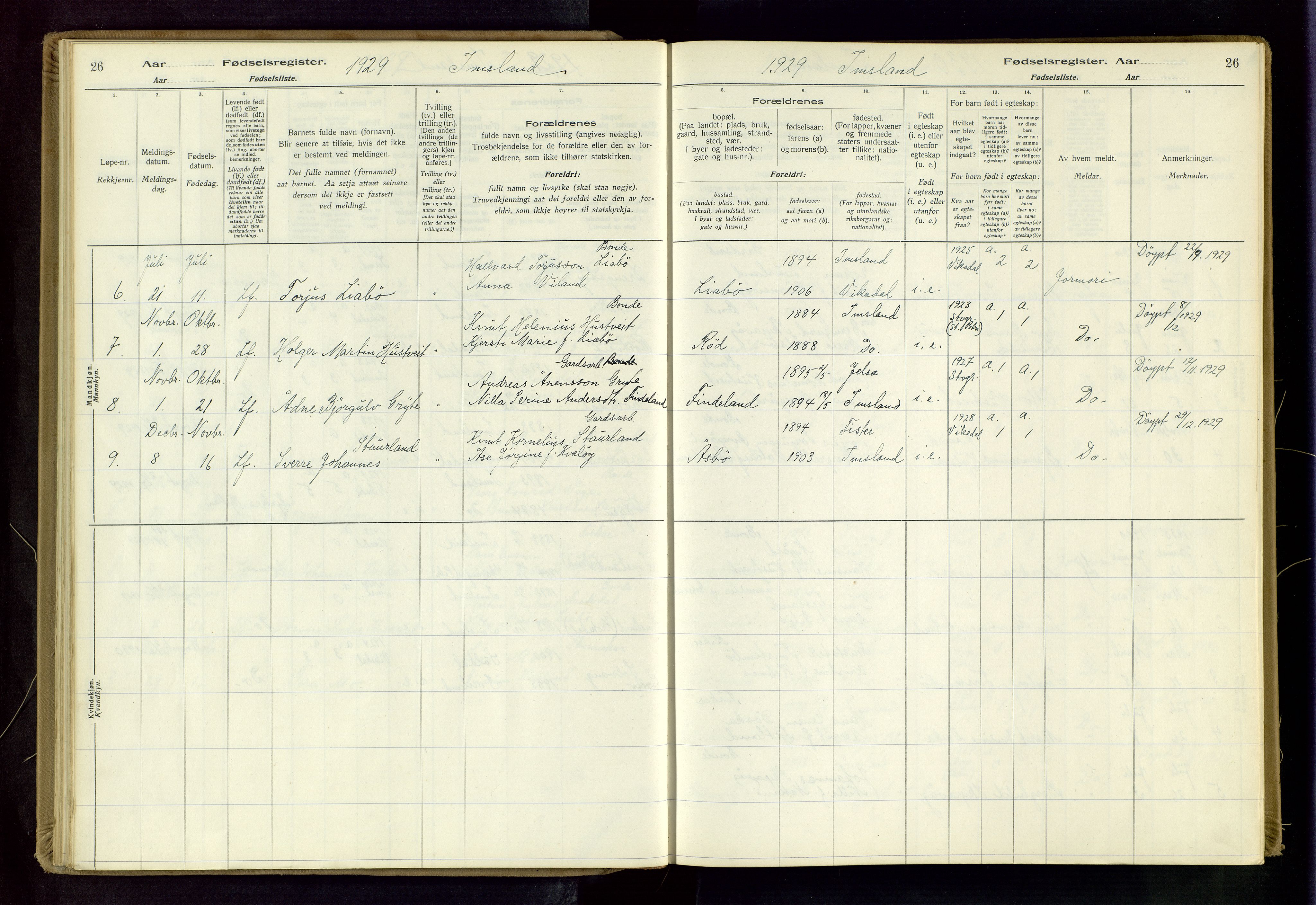 Vikedal sokneprestkontor, AV/SAST-A-101840/01/II: Birth register no. 5, 1916-1982, p. 26