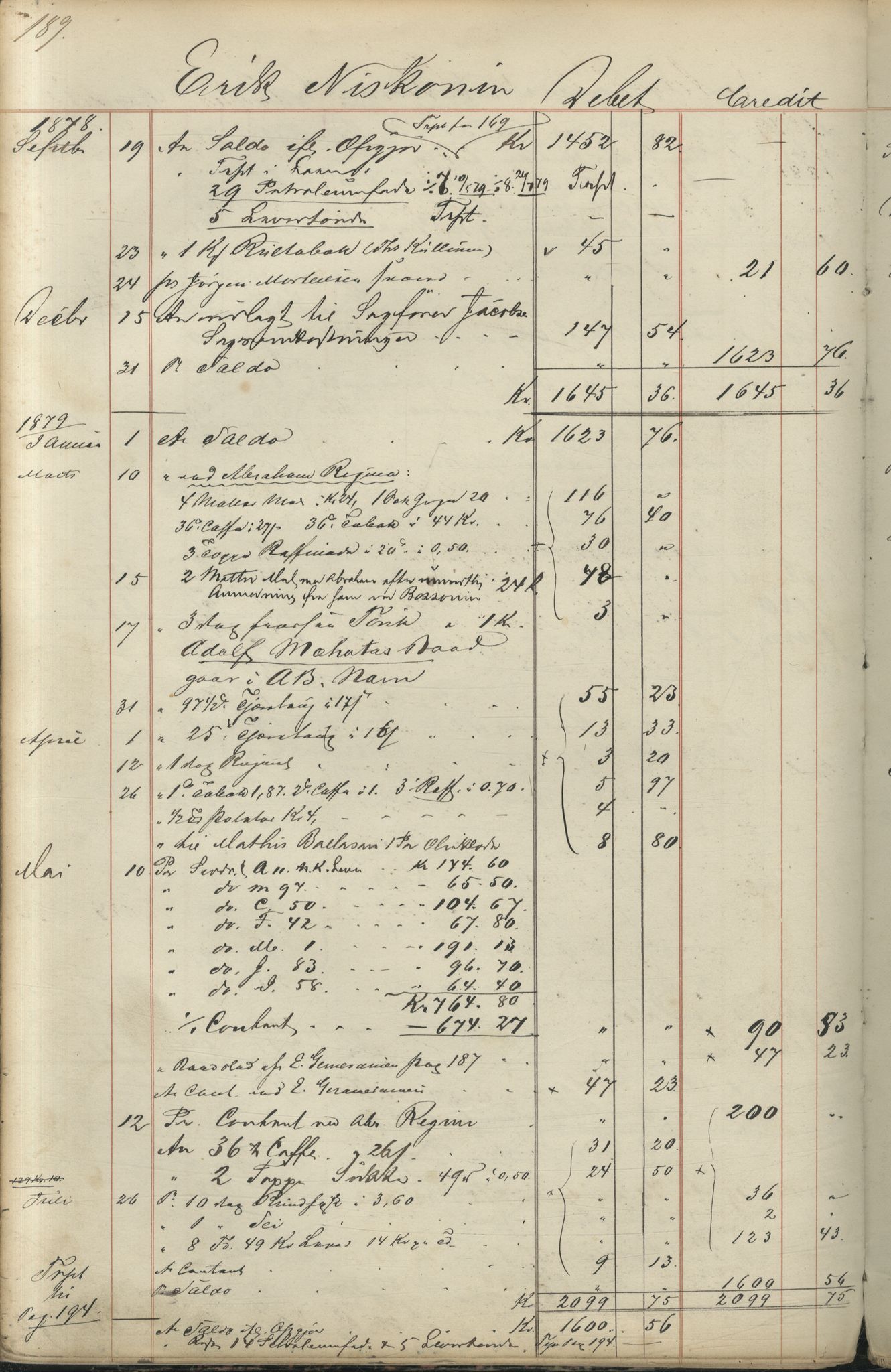 Brodtkorb handel A/S, VAMU/A-0001/F/Fc/L0001/0001: Konto for kvener og nordmenn på Kolahalvøya  / Conto for Kvæner og Nordmænd paa Russefinmarken No 1, 1868-1894, p. 189