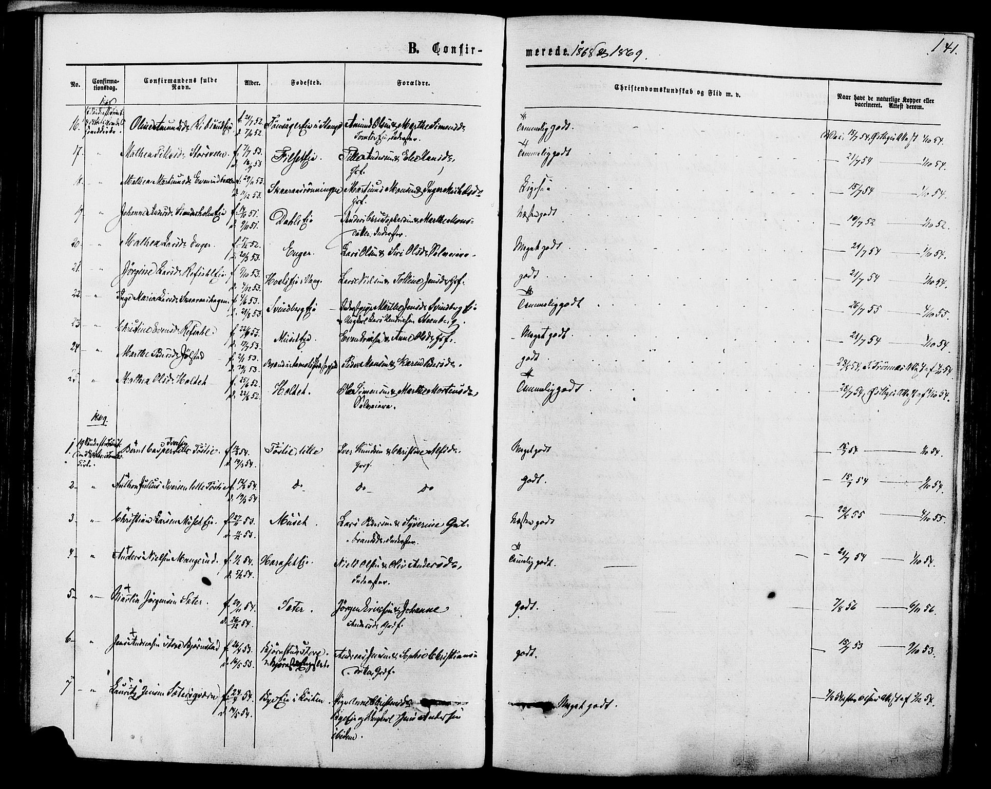 Romedal prestekontor, SAH/PREST-004/K/L0006: Parish register (official) no. 6, 1866-1886, p. 141