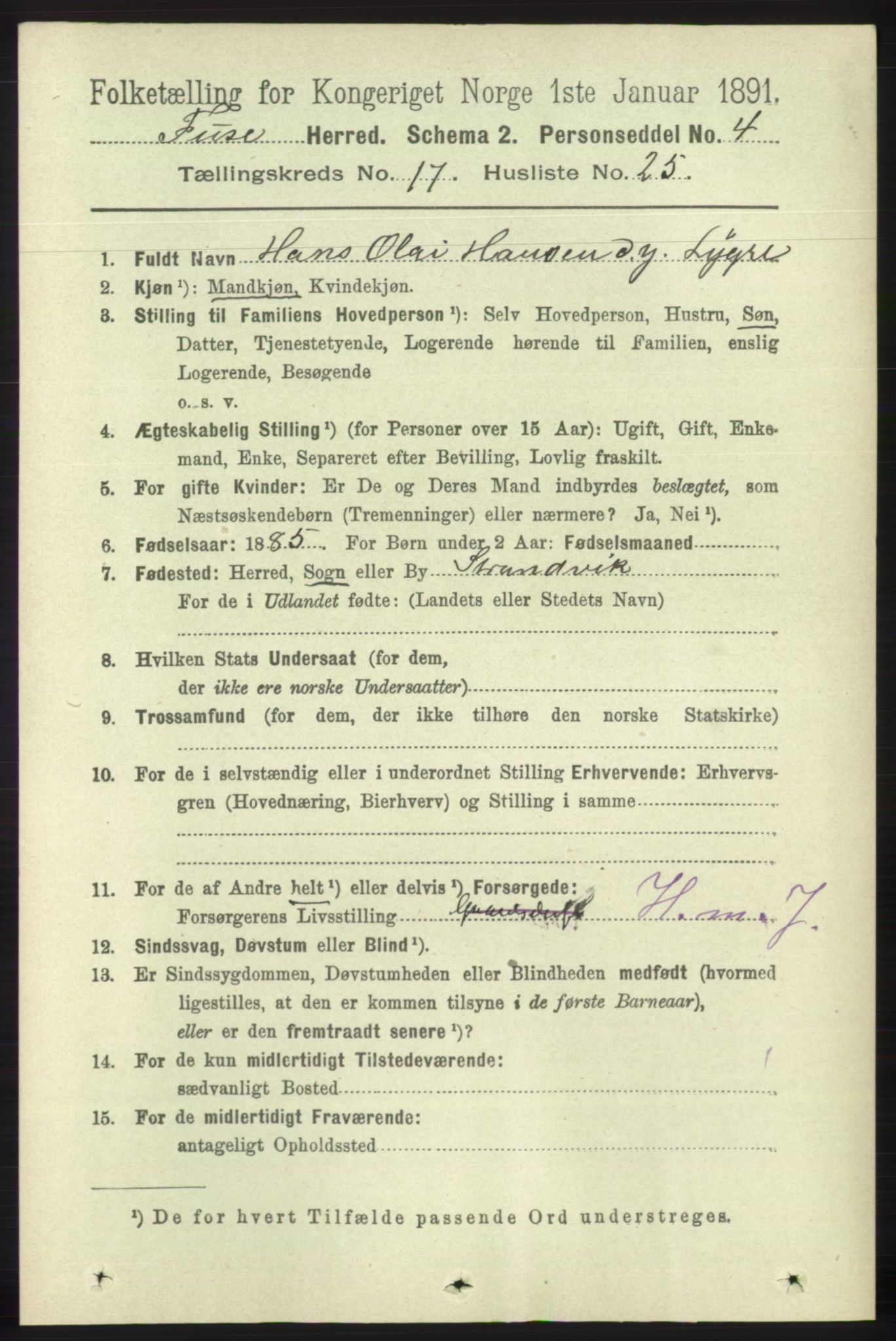 RA, 1891 census for 1241 Fusa, 1891, p. 3950