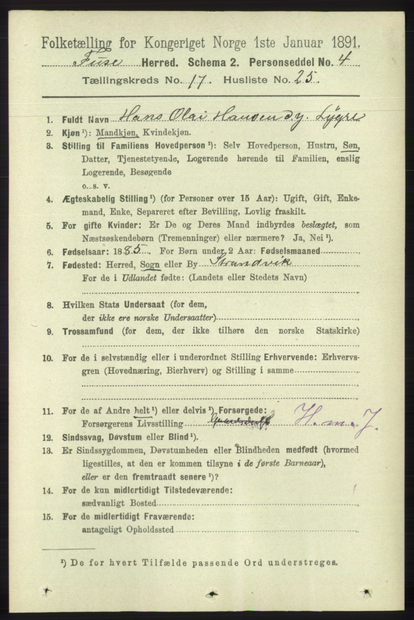 RA, 1891 census for 1241 Fusa, 1891, p. 3950