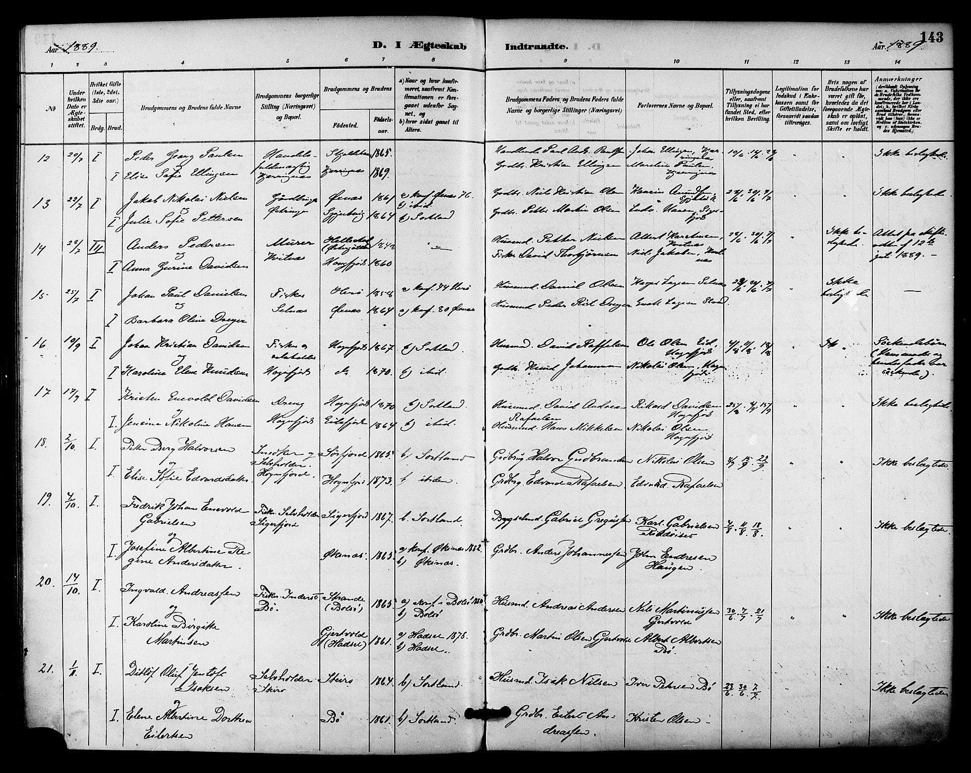 Ministerialprotokoller, klokkerbøker og fødselsregistre - Nordland, AV/SAT-A-1459/895/L1371: Parish register (official) no. 895A06, 1885-1894, p. 143