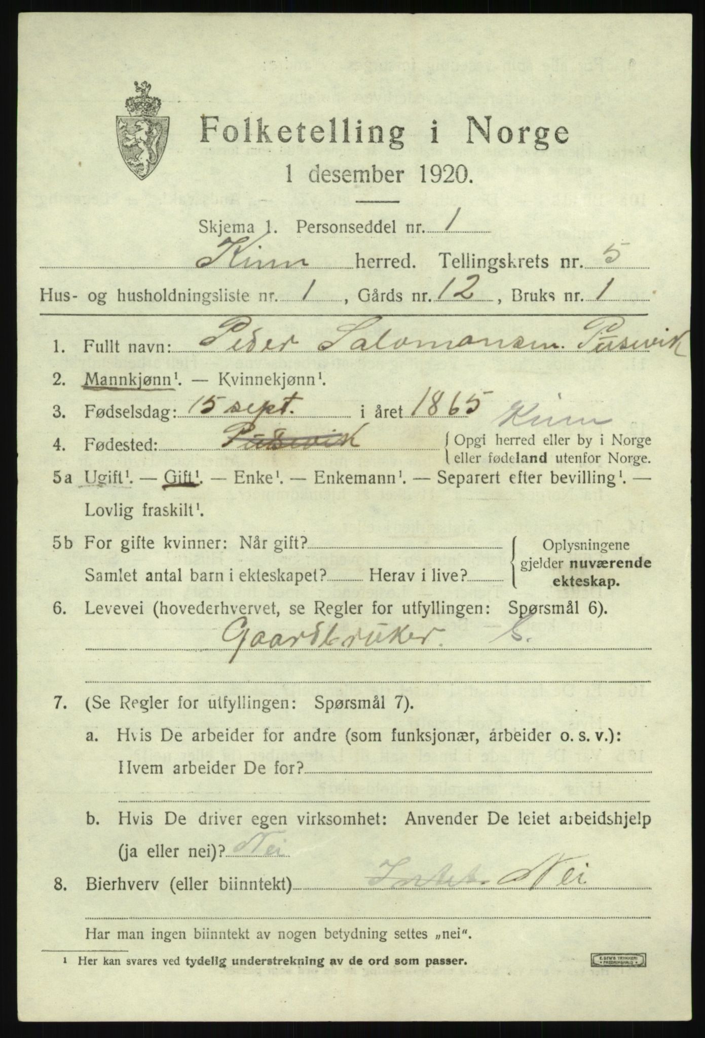 SAB, 1920 census for Kinn, 1920, p. 2621