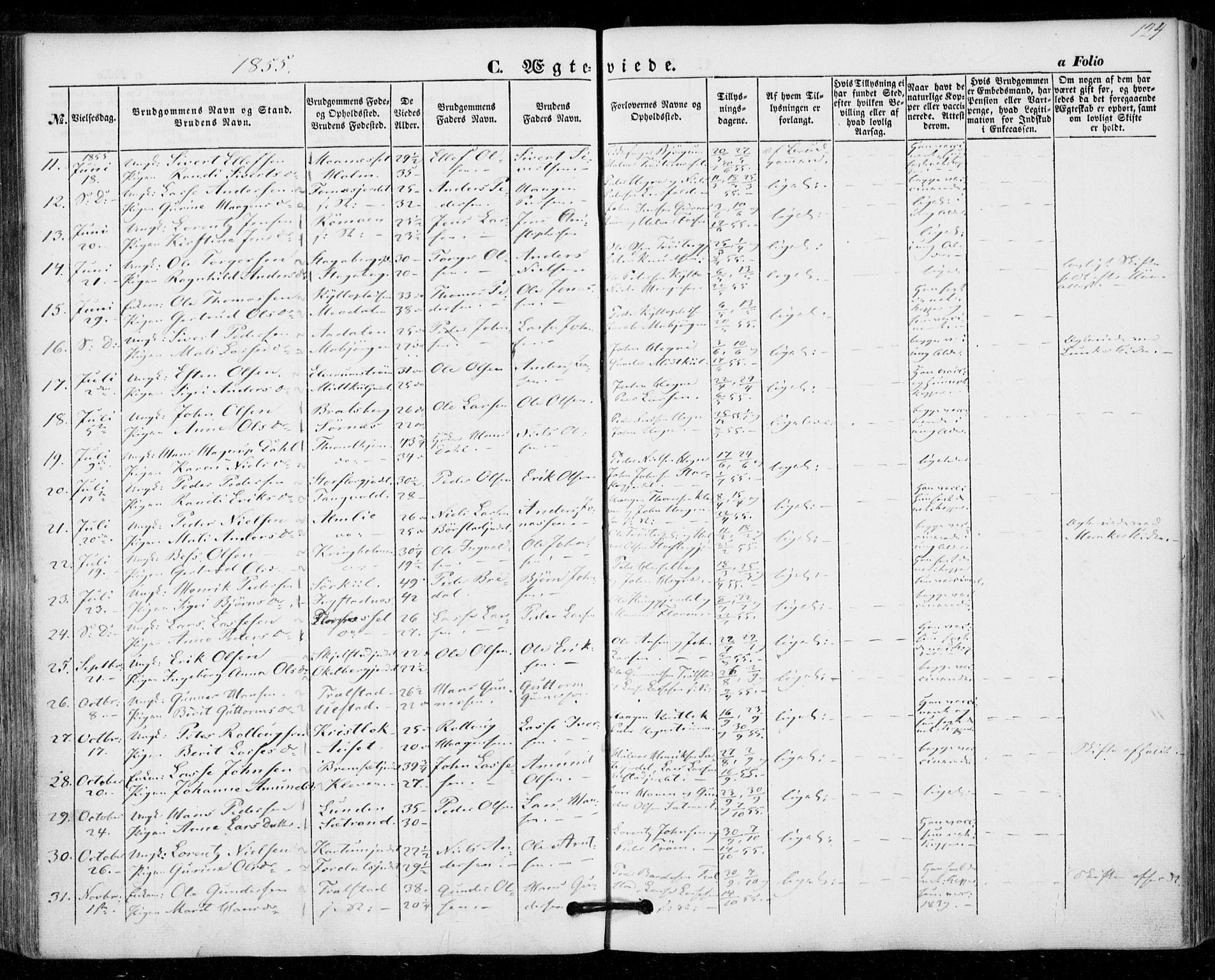 Ministerialprotokoller, klokkerbøker og fødselsregistre - Nord-Trøndelag, SAT/A-1458/703/L0028: Parish register (official) no. 703A01, 1850-1862, p. 124