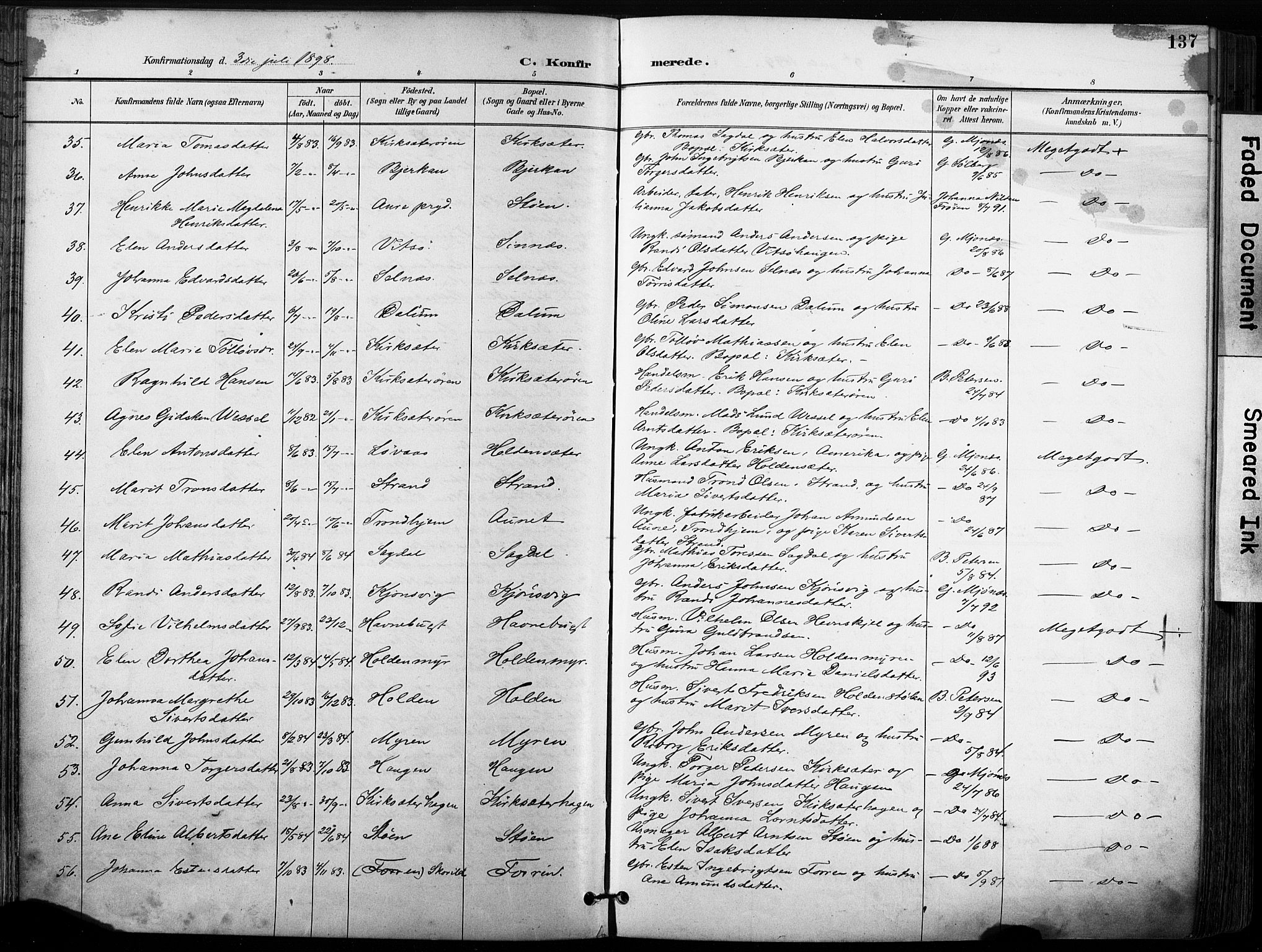 Ministerialprotokoller, klokkerbøker og fødselsregistre - Sør-Trøndelag, SAT/A-1456/630/L0497: Parish register (official) no. 630A10, 1896-1910, p. 137