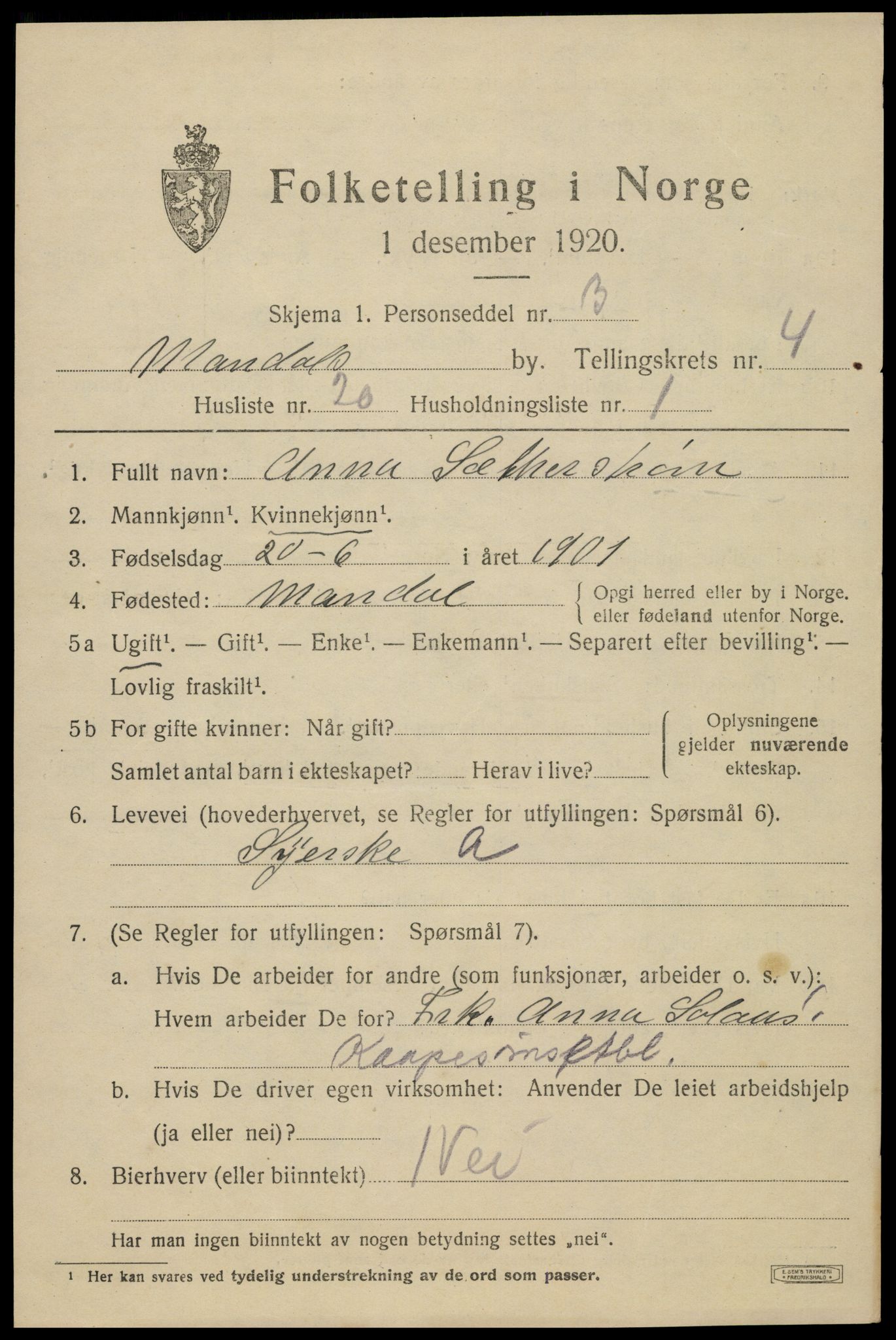 SAK, 1920 census for Mandal, 1920, p. 7235