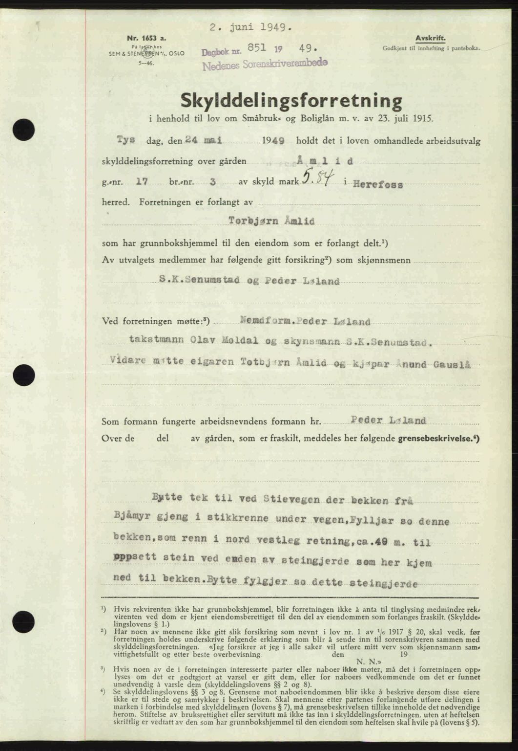 Nedenes sorenskriveri, SAK/1221-0006/G/Gb/Gba/L0060: Mortgage book no. A12, 1948-1949, Diary no: : 851/1949