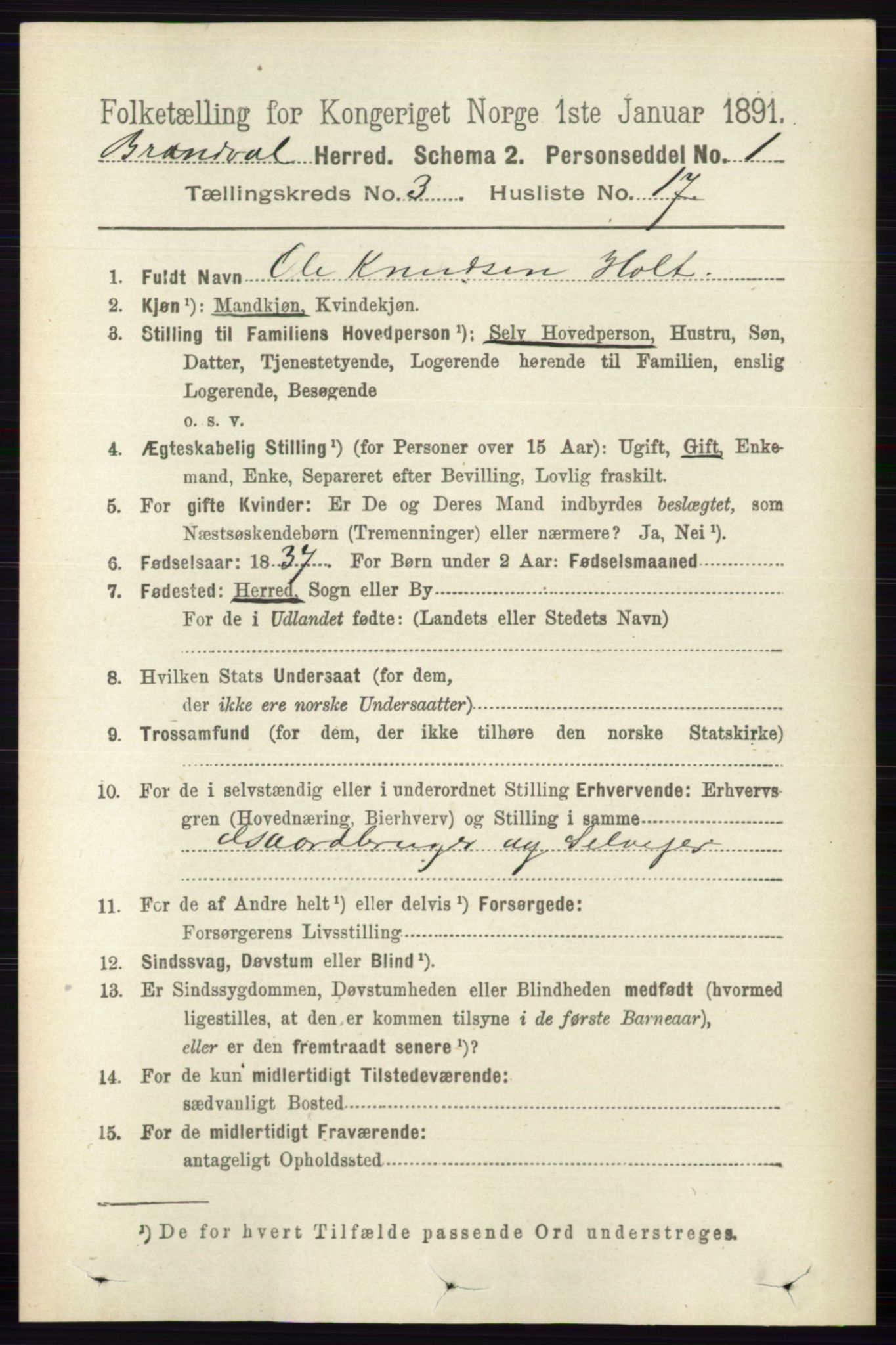 RA, 1891 census for 0422 Brandval, 1891, p. 1330
