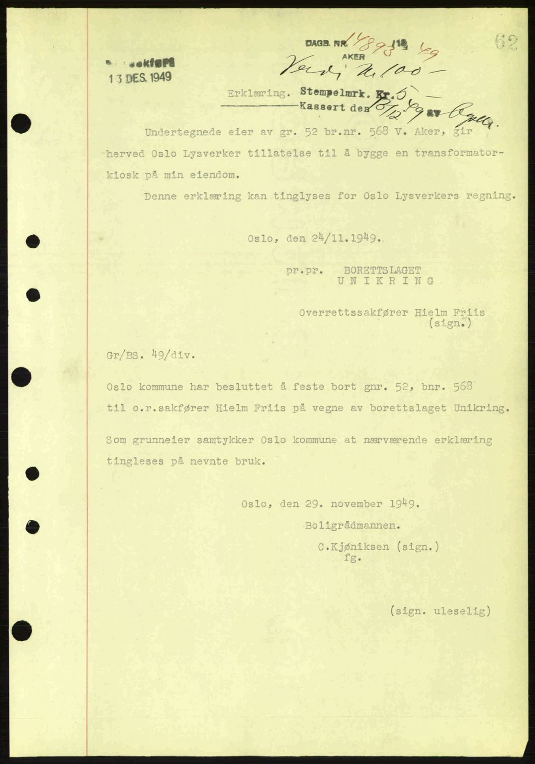 Oslo byskriverembete, AV/SAO-A-10227/G/Gb/Gbd/Gbda/L0017: Mortgage book no. A215, 1949-1950, Diary no: : 14893/1949