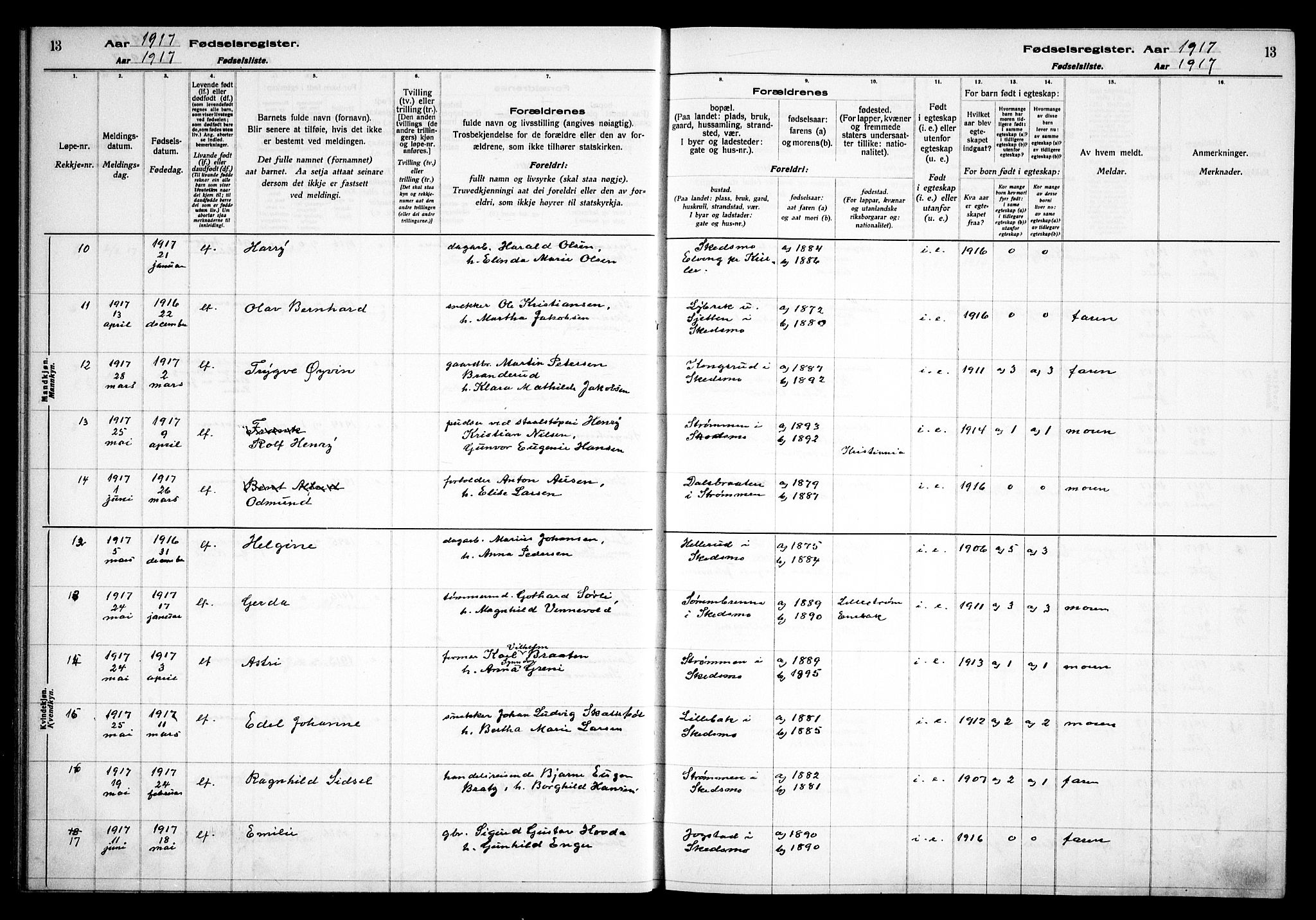 Skedsmo prestekontor Kirkebøker, AV/SAO-A-10033a/J/Ja/L0001: Birth register no. I 1, 1916-1931, p. 13