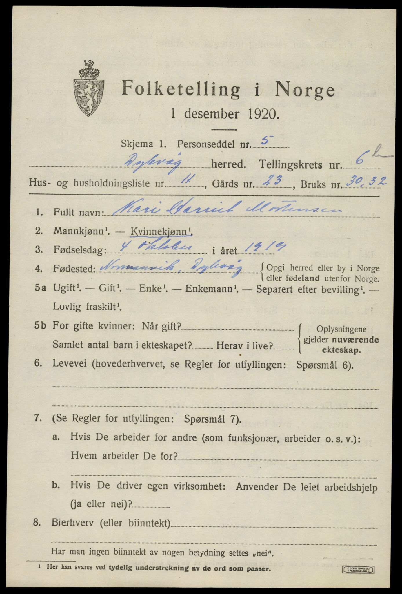 SAK, 1920 census for Dypvåg, 1920, p. 5535