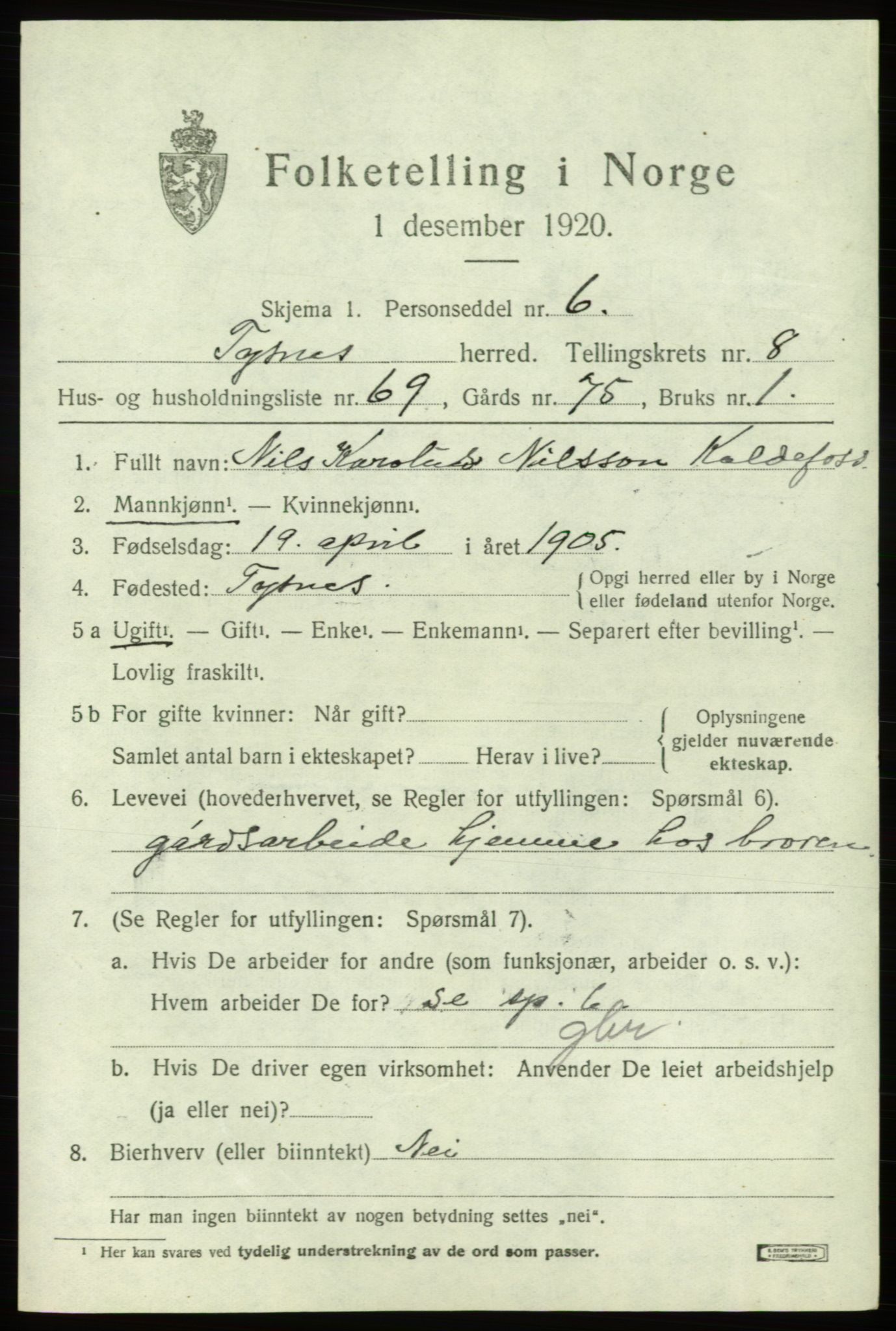 SAB, 1920 census for Tysnes, 1920, p. 6156