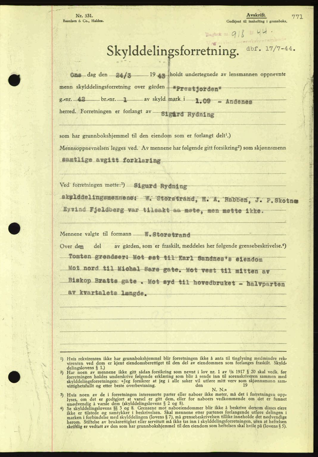 Vesterålen sorenskriveri, AV/SAT-A-4180/1/2/2Ca: Mortgage book no. A15, 1943-1944, Diary no: : 918/1944