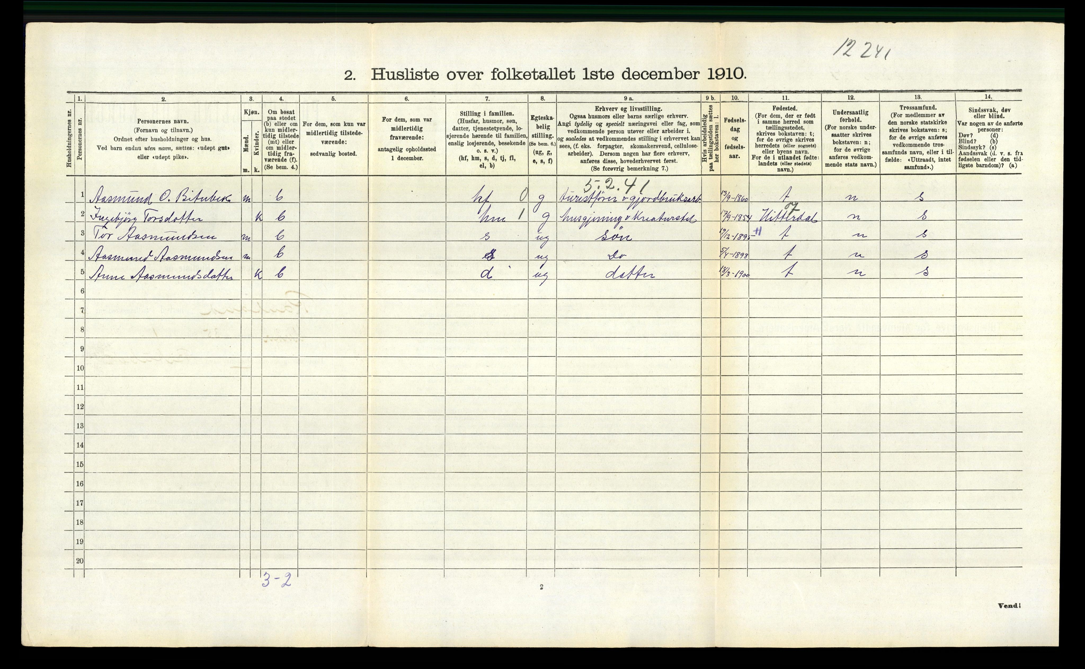 RA, 1910 census for Rauland, 1910, p. 204