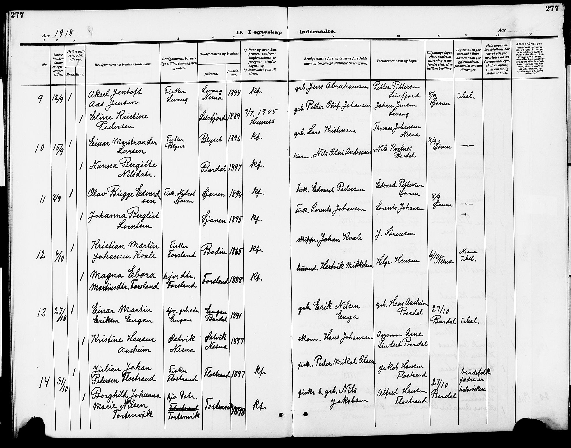 Ministerialprotokoller, klokkerbøker og fødselsregistre - Nordland, AV/SAT-A-1459/838/L0560: Parish register (copy) no. 838C07, 1910-1928, p. 277