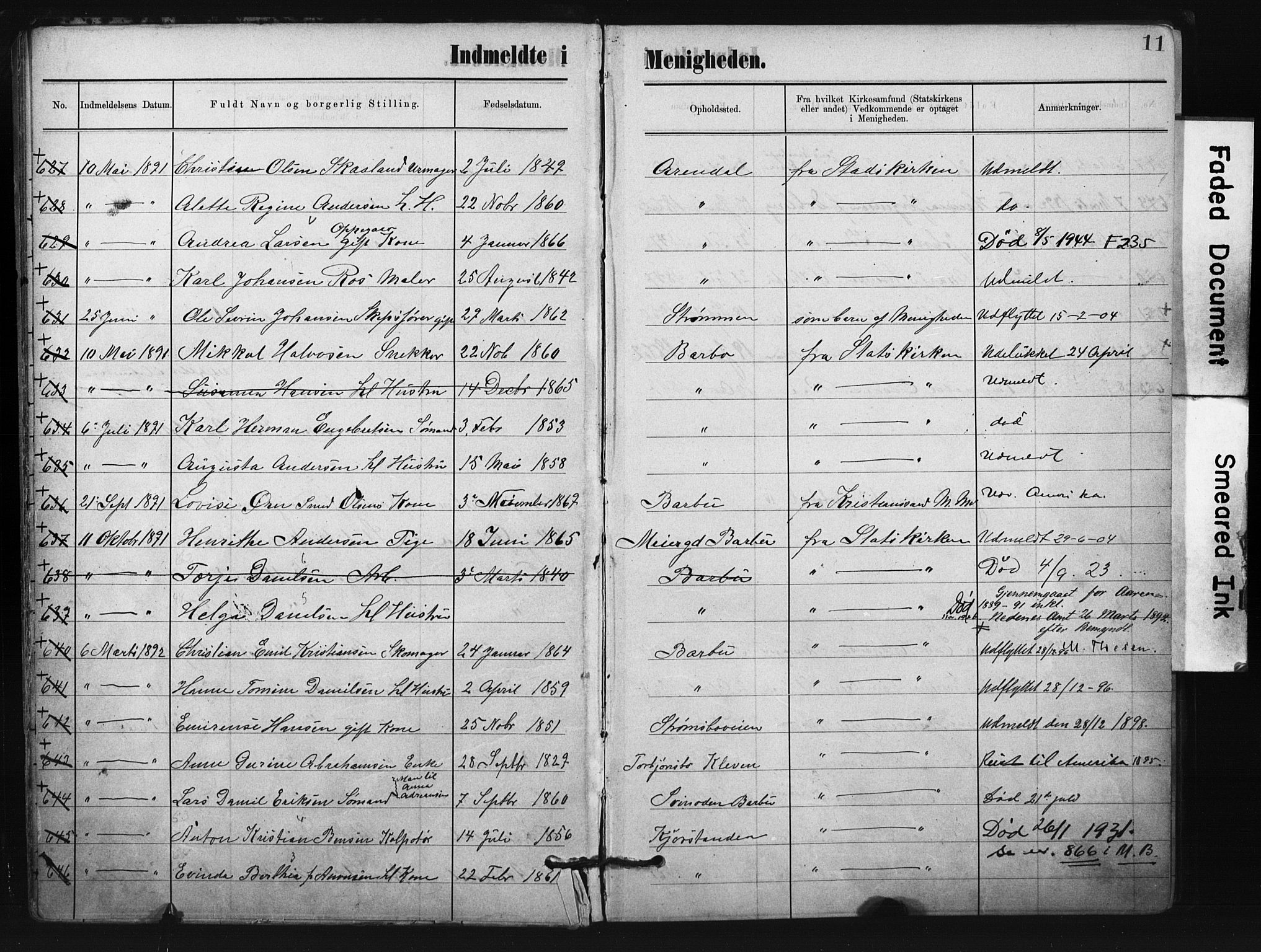 Metodistmenigheten, Arendal, SAK/1292-0011/F/Fa/L0004: Dissenter register no. F-4, 1883-1892, p. 11