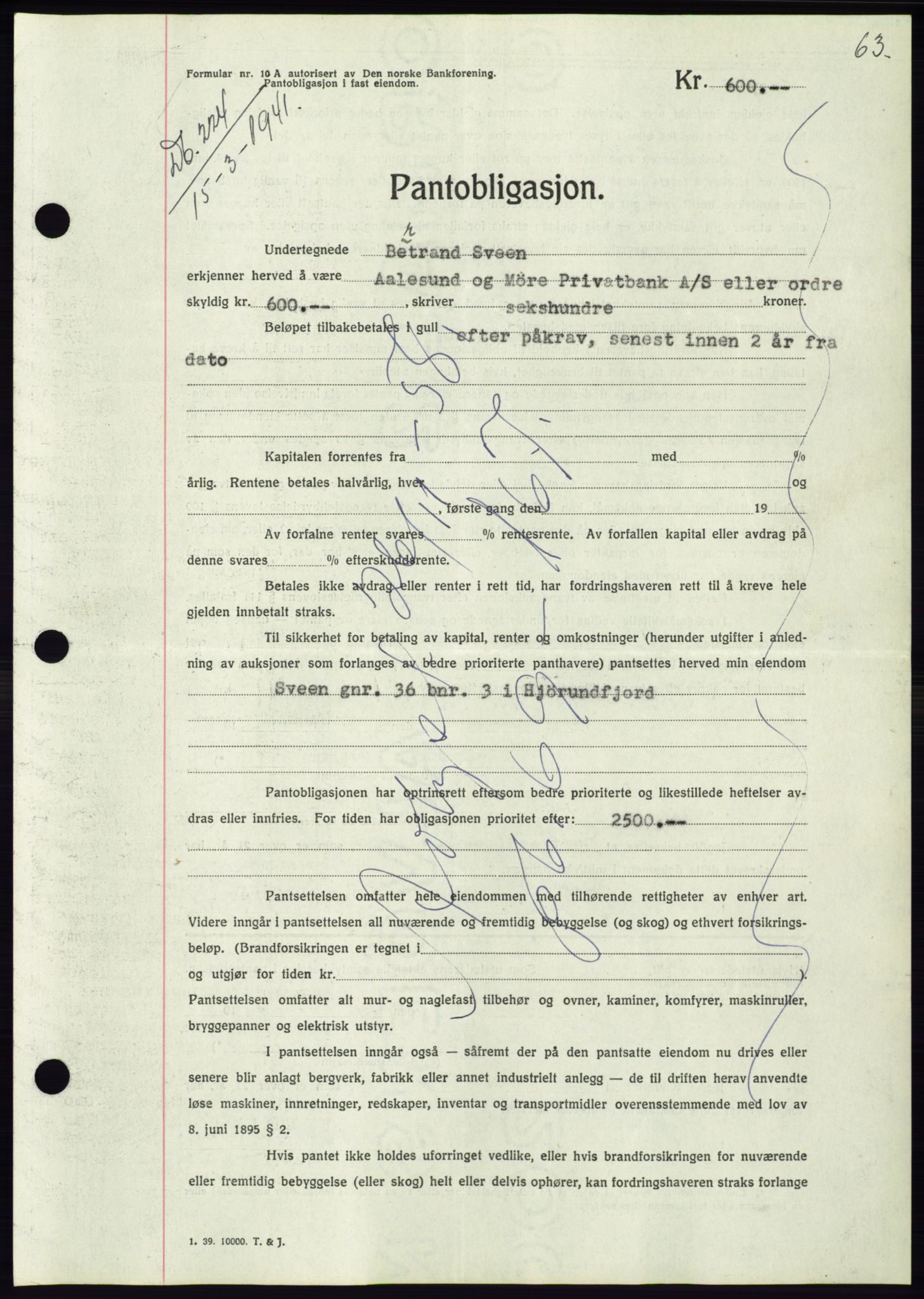 Søre Sunnmøre sorenskriveri, AV/SAT-A-4122/1/2/2C/L0071: Mortgage book no. 65, 1941-1941, Diary no: : 224/1941