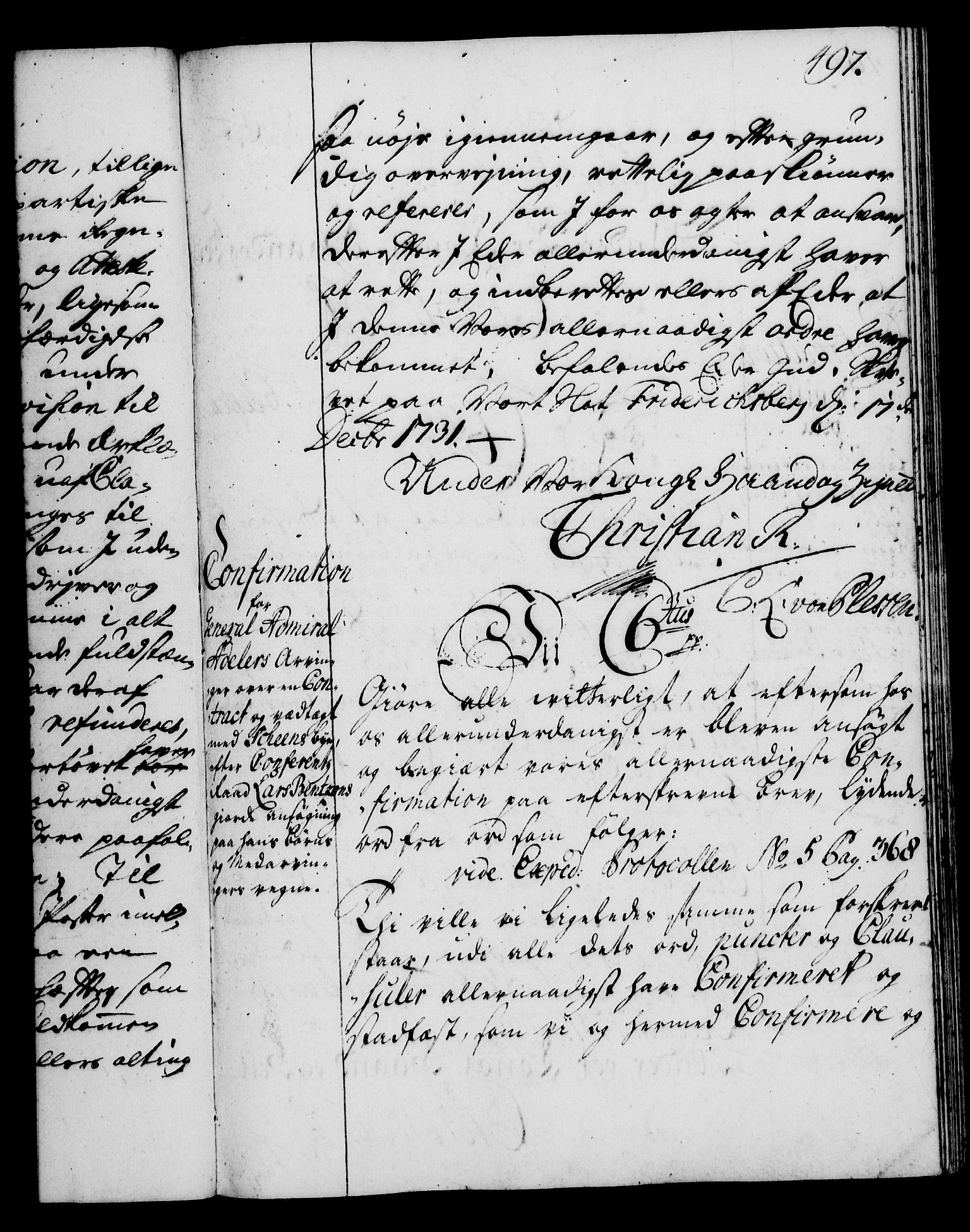 Rentekammeret, Kammerkanselliet, AV/RA-EA-3111/G/Gg/Gga/L0003: Norsk ekspedisjonsprotokoll med register (merket RK 53.3), 1727-1734, p. 497