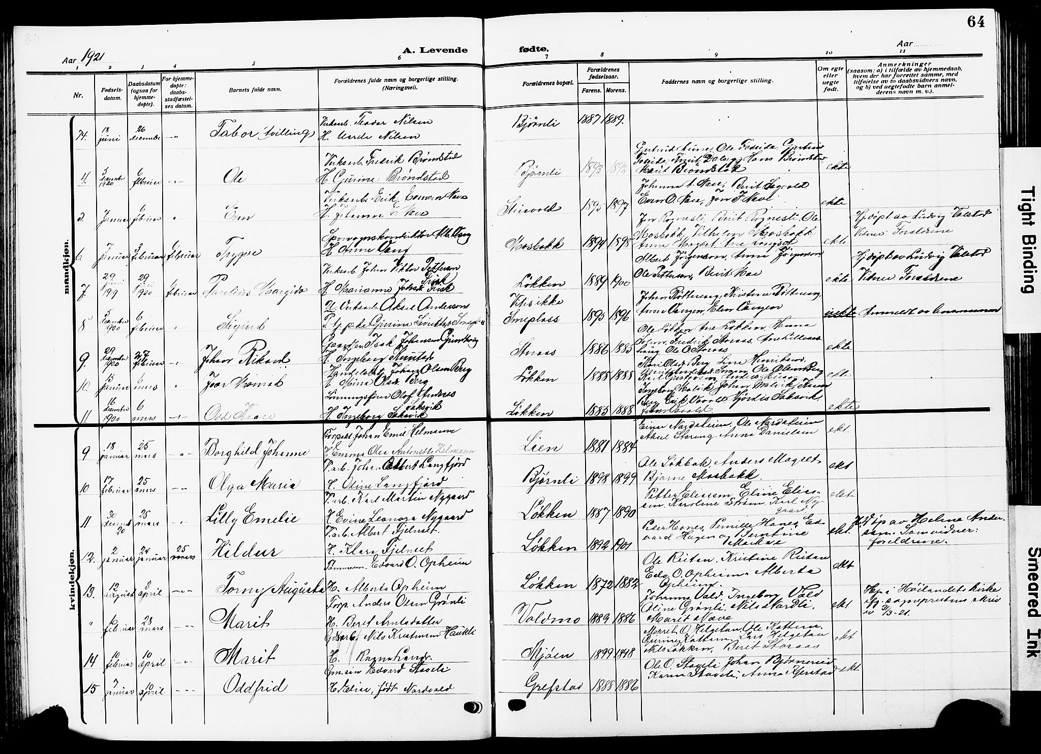 Ministerialprotokoller, klokkerbøker og fødselsregistre - Sør-Trøndelag, SAT/A-1456/672/L0865: Parish register (copy) no. 672C04, 1914-1928, p. 64
