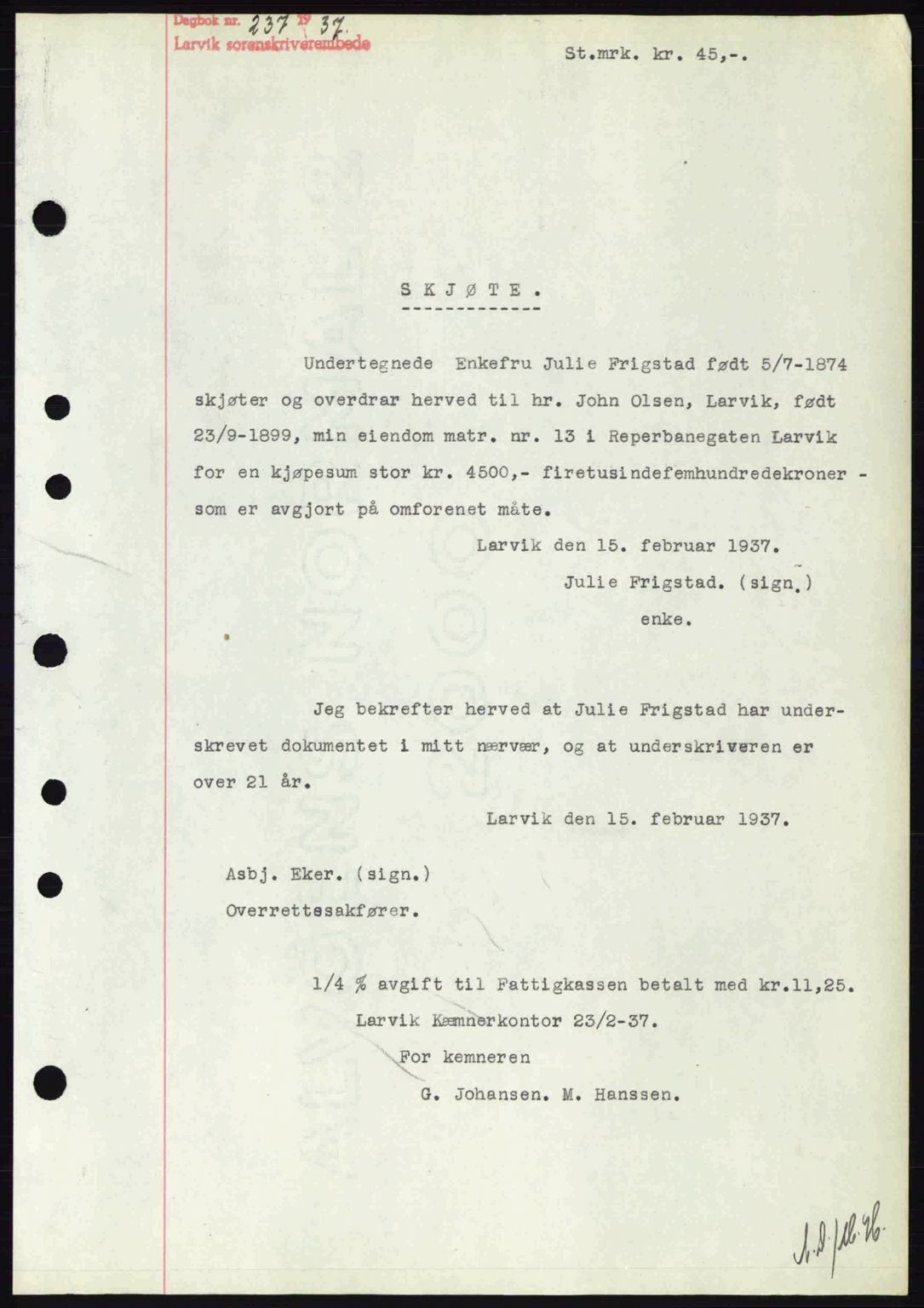 Larvik sorenskriveri, SAKO/A-83/G/Ga/Gab/L0067: Mortgage book no. A-1, 1936-1937, Diary no: : 237/1937