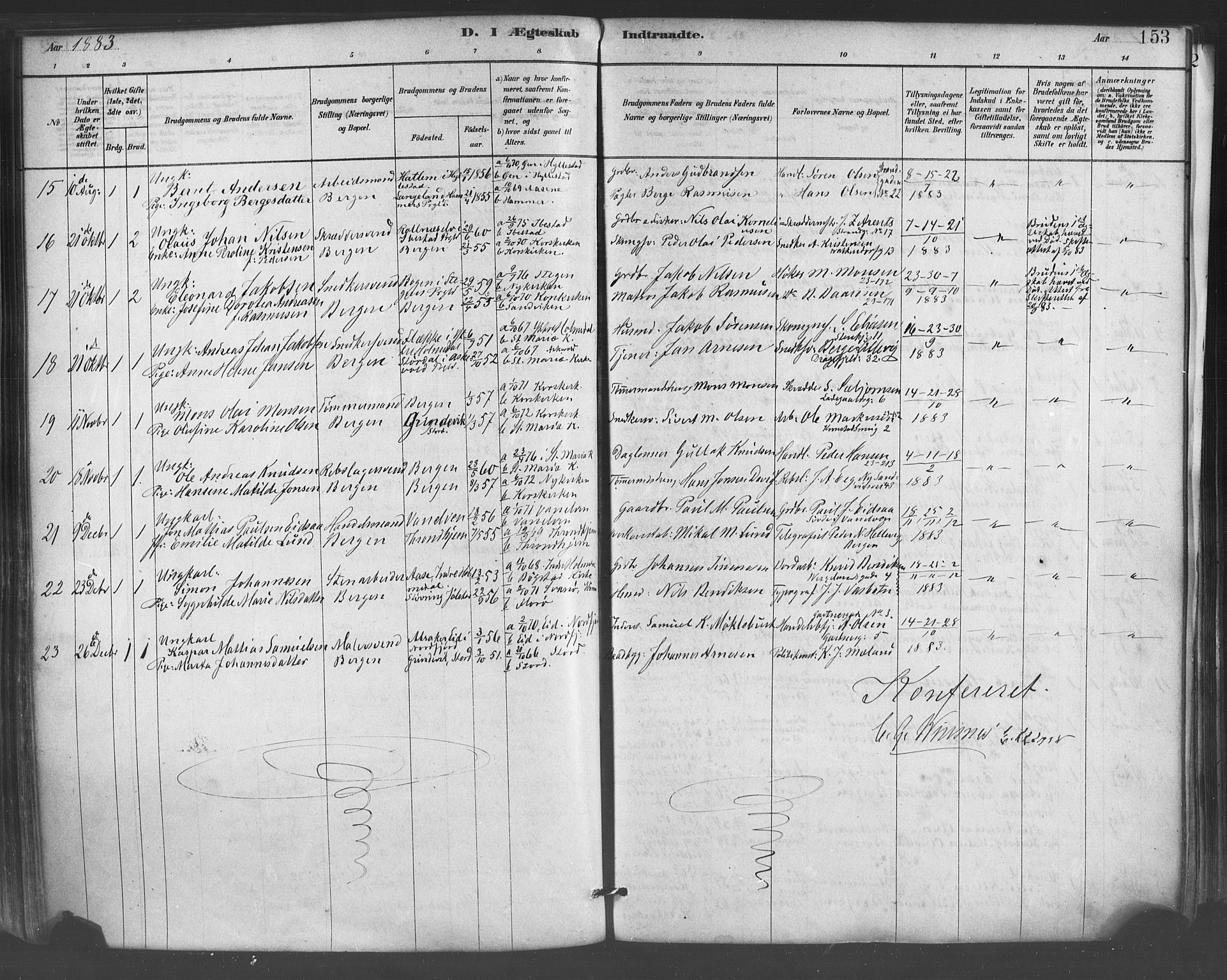 Mariakirken Sokneprestembete, SAB/A-76901/H/Haa/L0007: Parish register (official) no. A 7, 1878-1893, p. 153