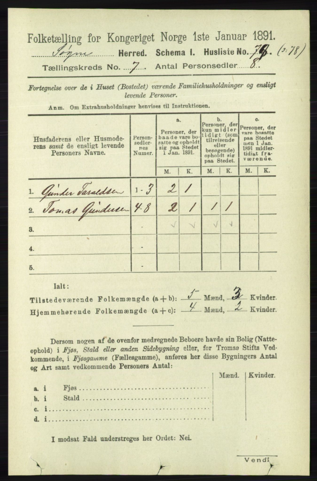 RA, 1891 census for 1018 Søgne, 1891, p. 1501