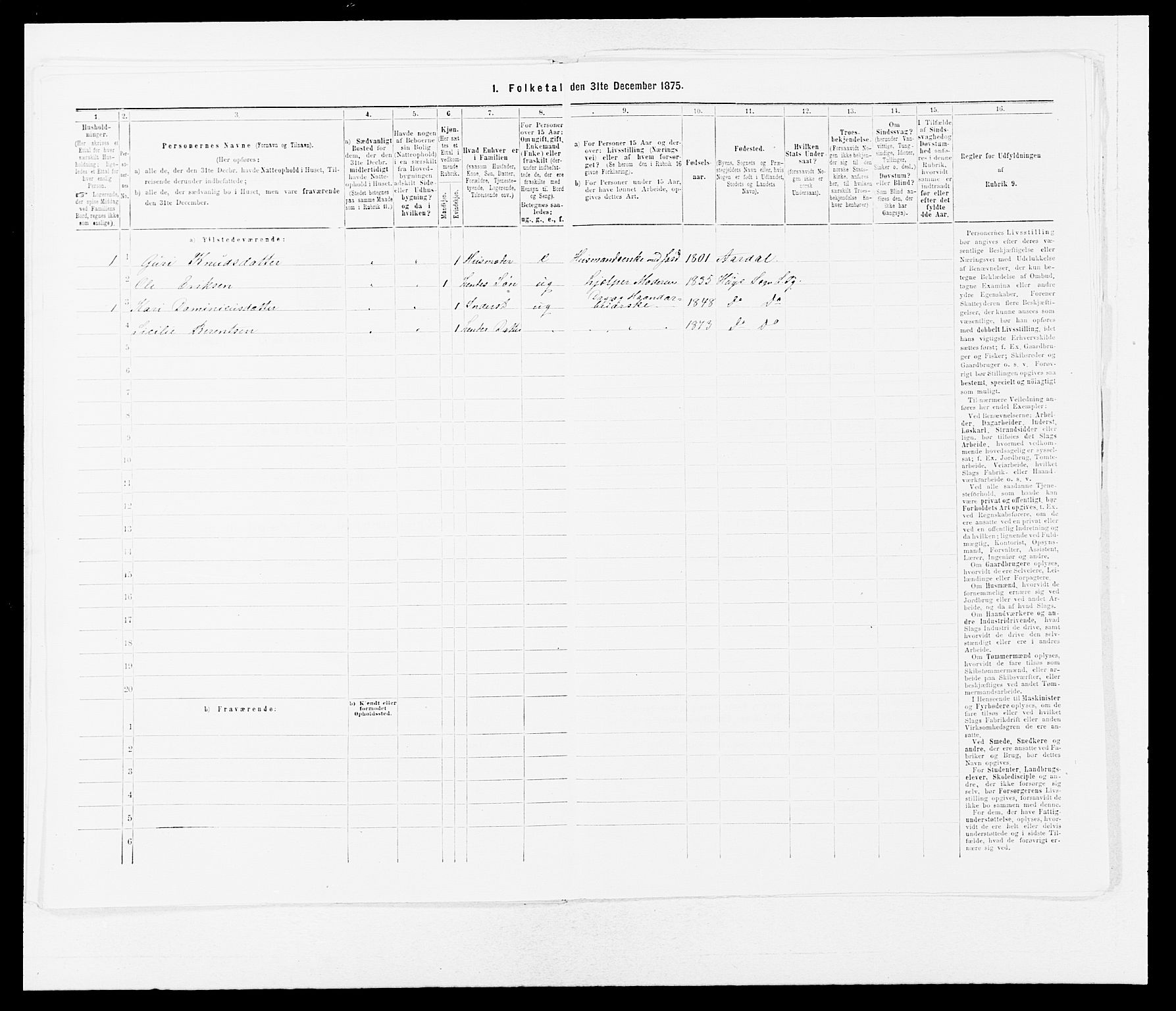 SAB, 1875 census for 1422P Lærdal, 1875, p. 381