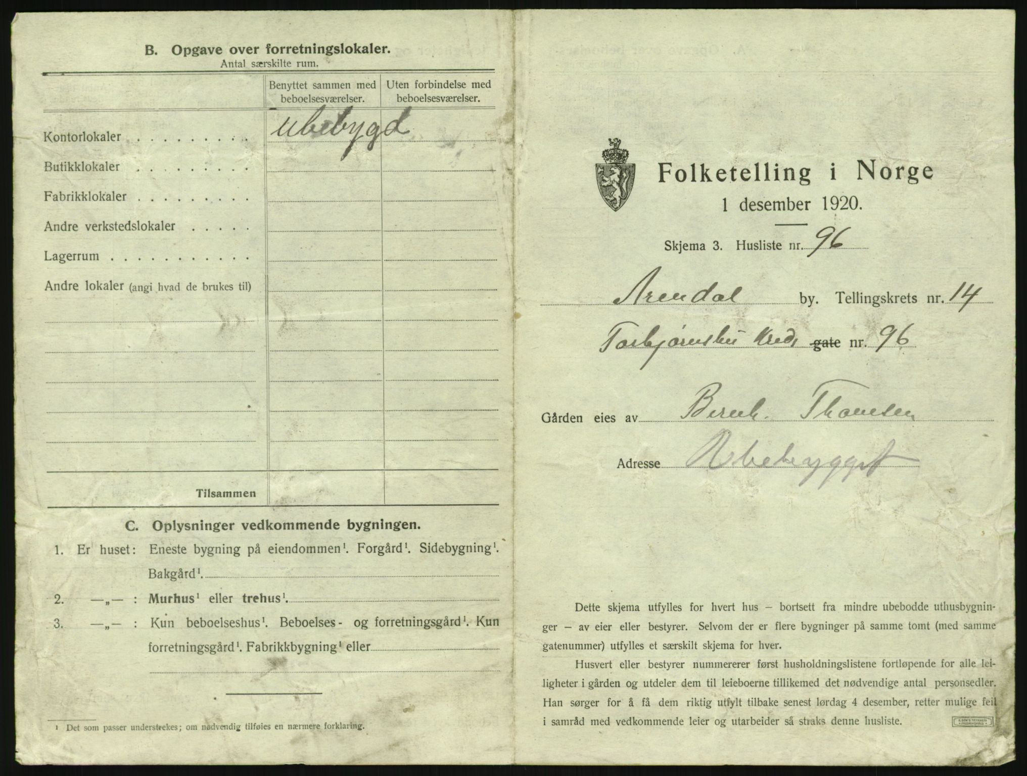 SAK, 1920 census for Arendal, 1920, p. 2170