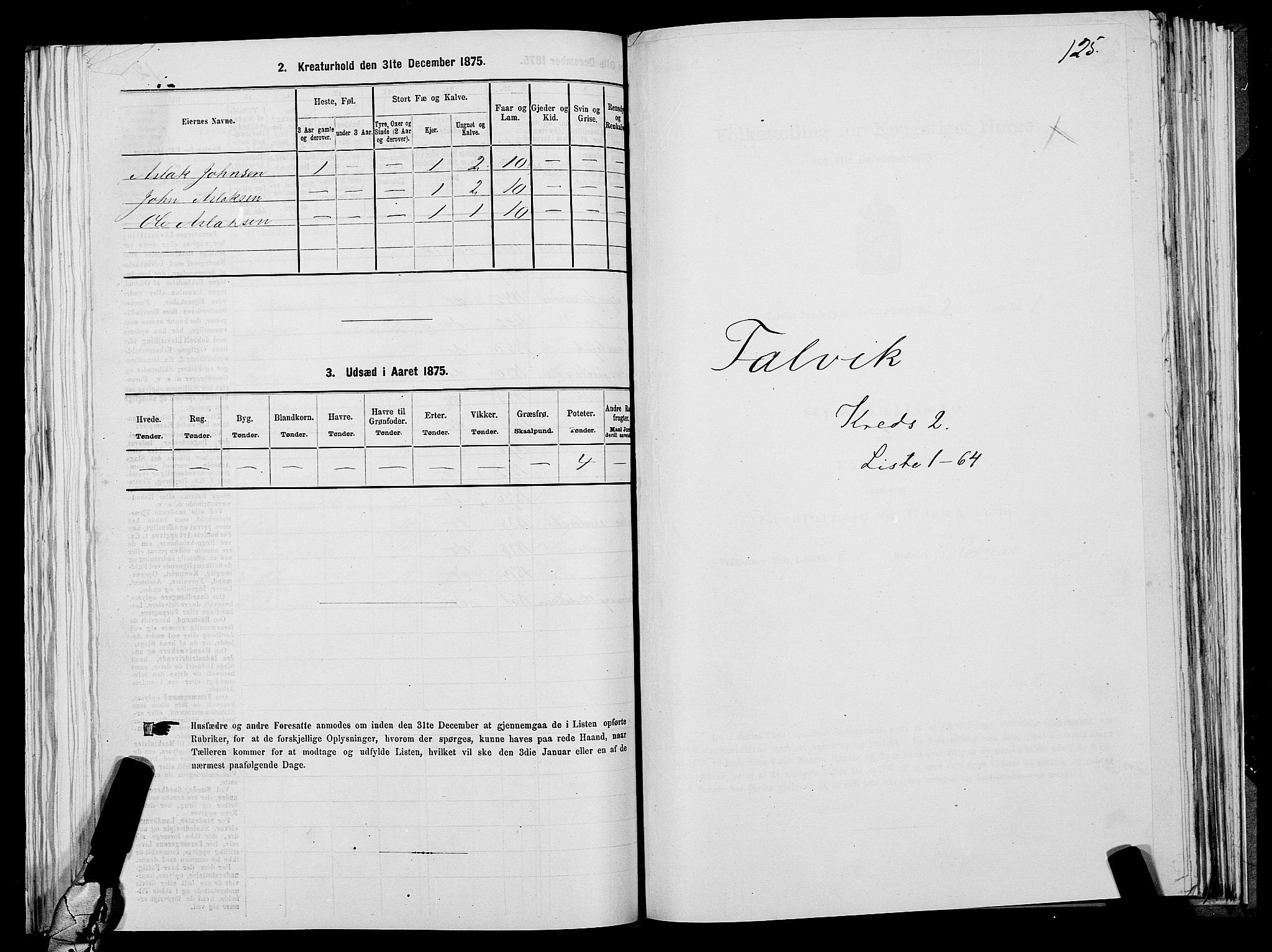 SATØ, 1875 census for 2013P Talvik, 1875, p. 1125