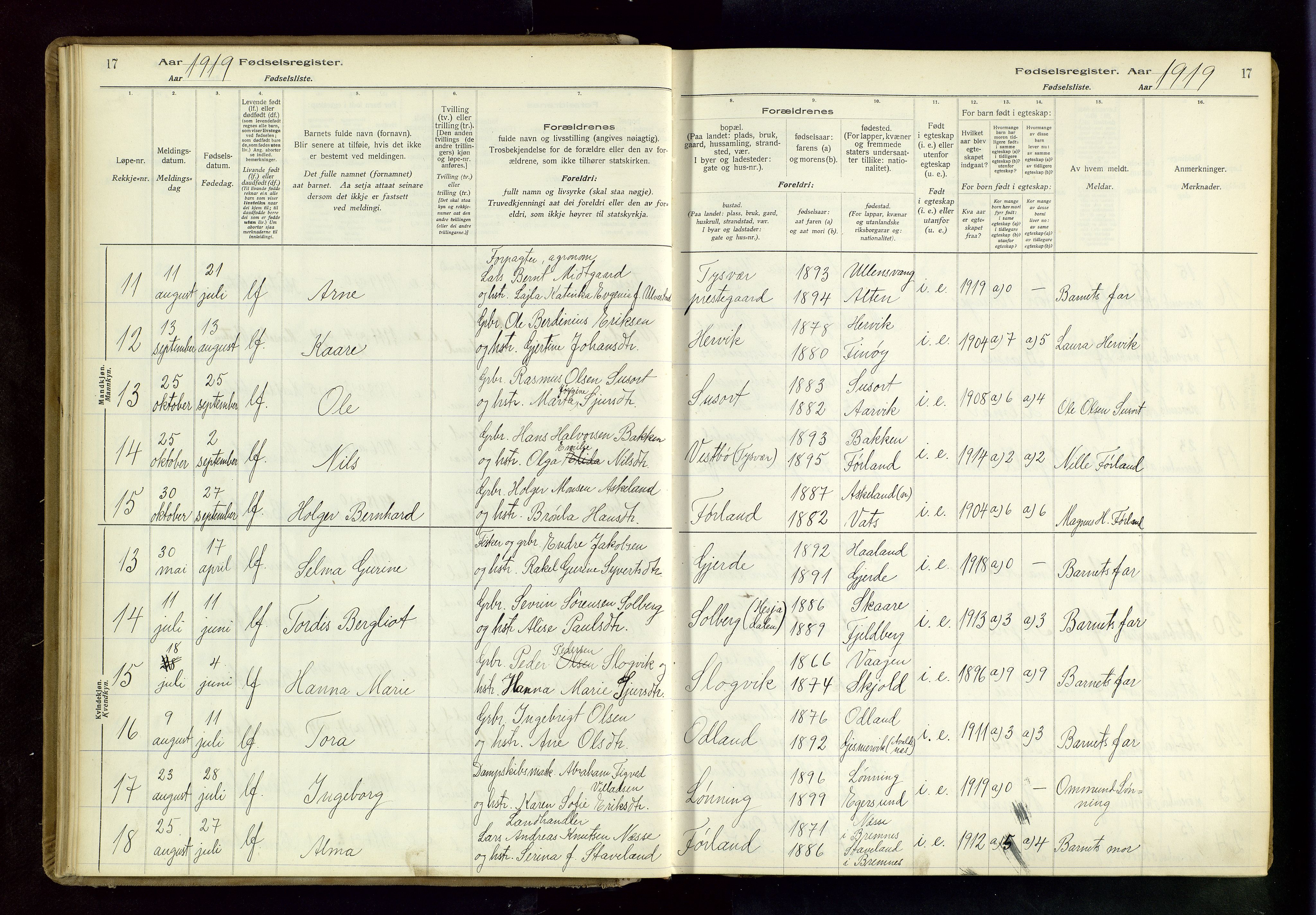 Tysvær sokneprestkontor, AV/SAST-A -101864/I/Id/L0001: Birth register no. 1, 1916-1954, p. 17