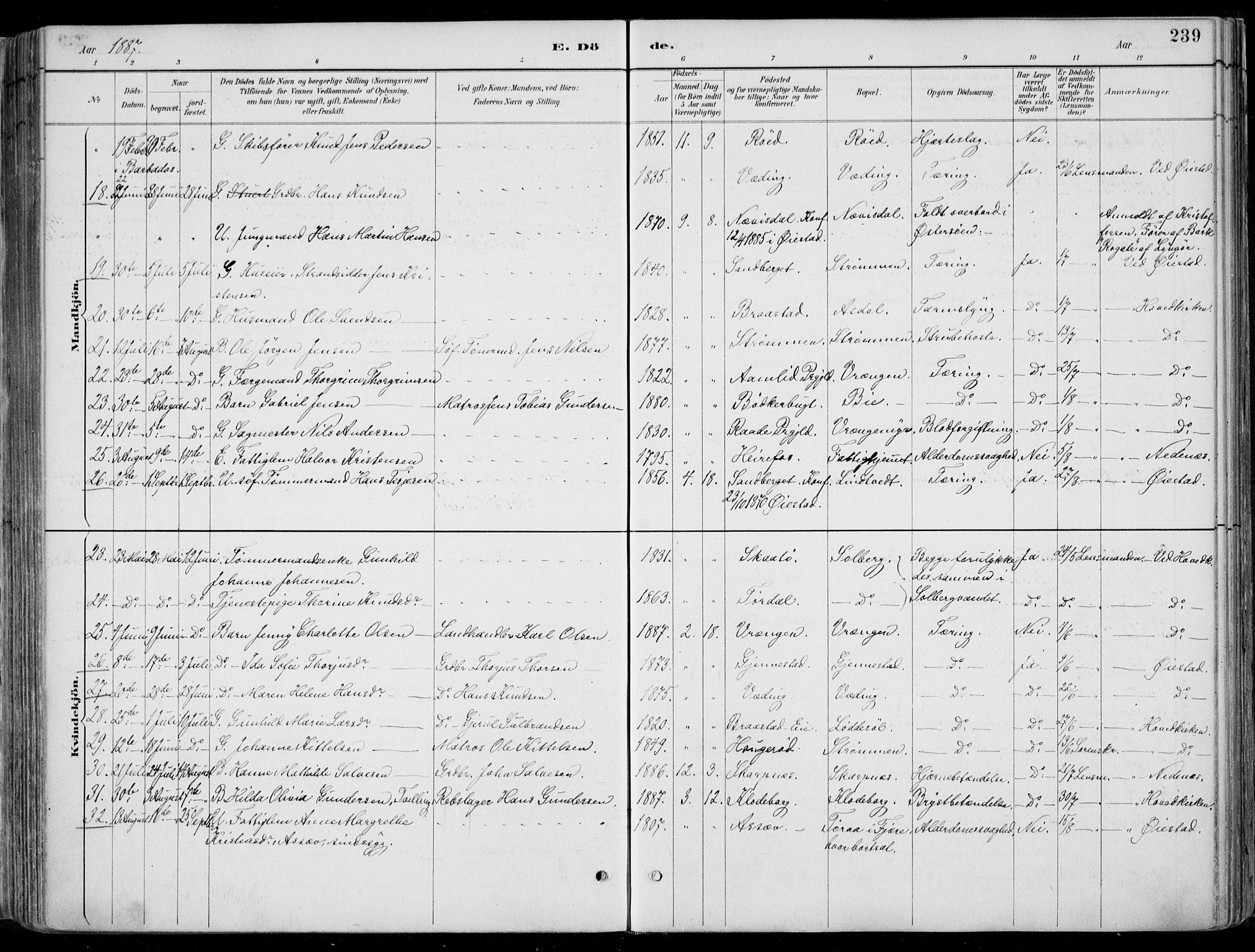 Øyestad sokneprestkontor, AV/SAK-1111-0049/F/Fa/L0017: Parish register (official) no. A 17, 1887-1896, p. 239