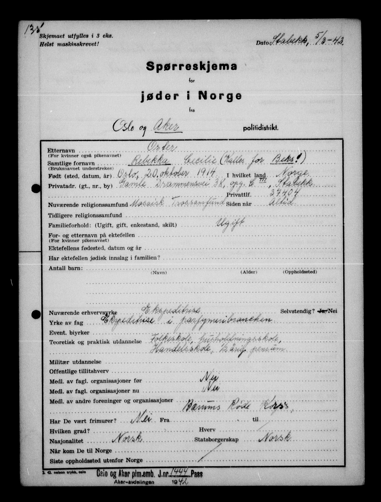 Statspolitiet - Hovedkontoret / Osloavdelingen, AV/RA-S-1329/G/Ga/L0012: Spørreskjema for jøder i Norge. 1: Aker 114- 207 (Levinson-Wozak) og 656 (Salomon). 2: Arendal-Hordaland. 3: Horten-Romerike.  , 1942, p. 66