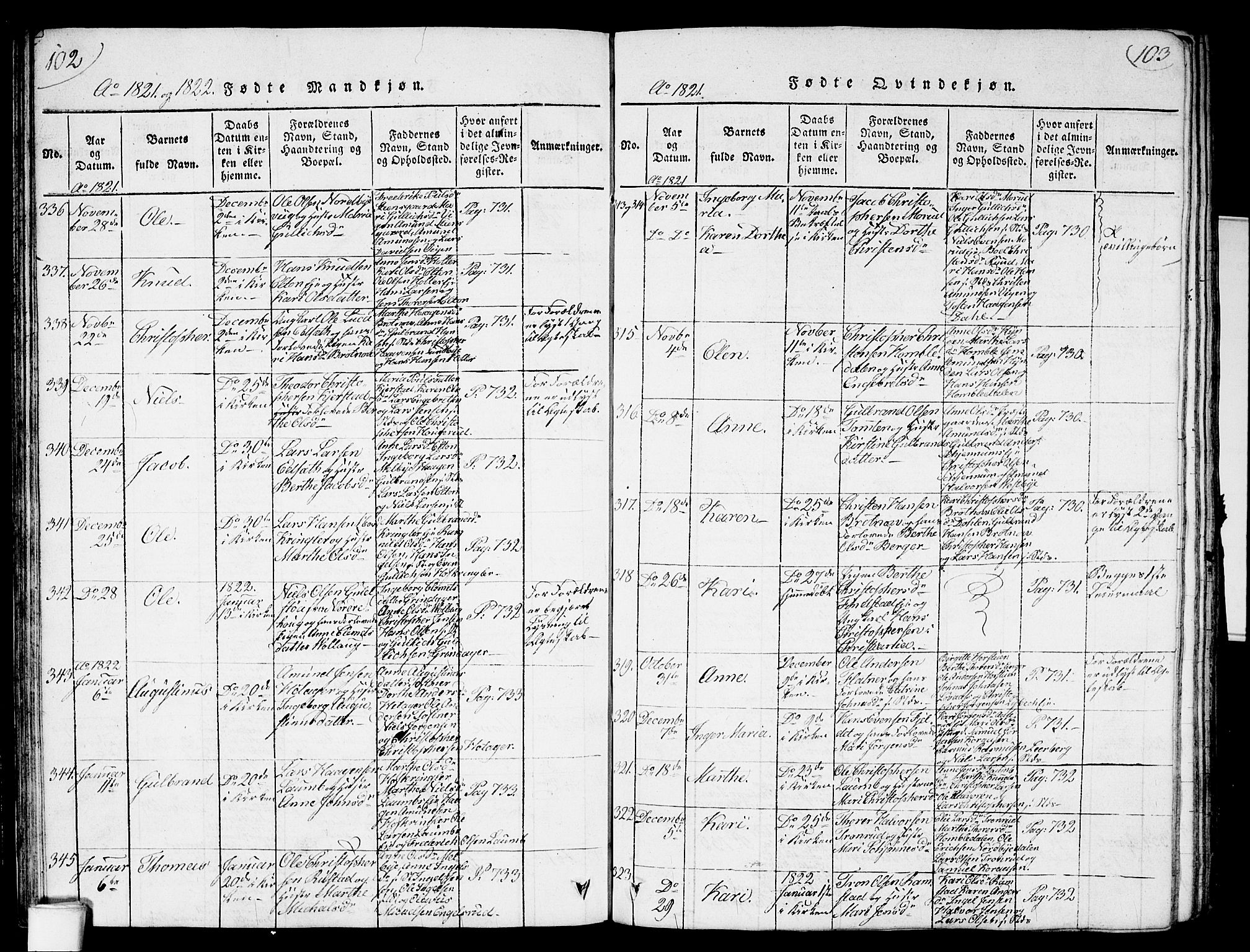 Nannestad prestekontor Kirkebøker, AV/SAO-A-10414a/G/Ga/L0001: Parish register (copy) no. I 1, 1815-1839, p. 102-103