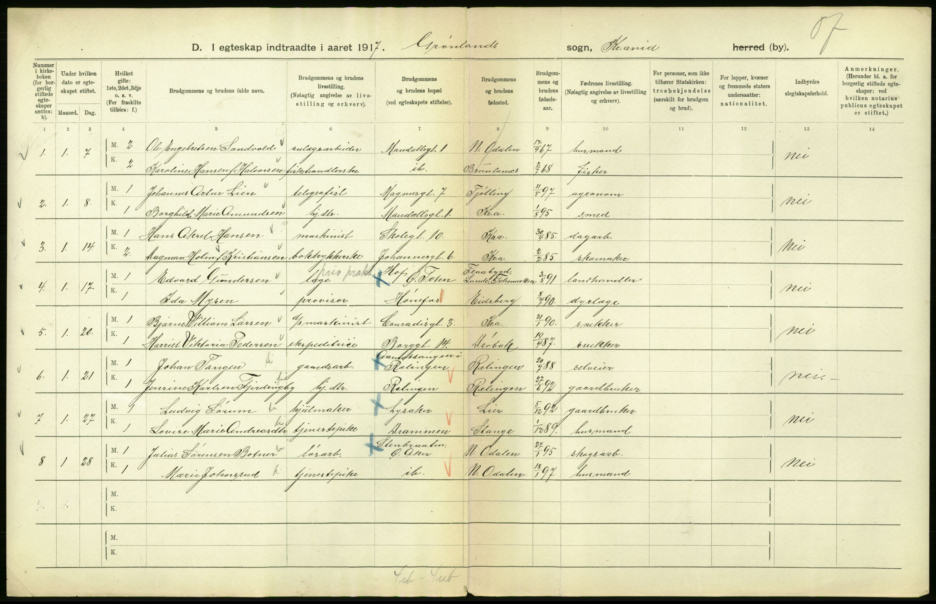 Statistisk sentralbyrå, Sosiodemografiske emner, Befolkning, AV/RA-S-2228/D/Df/Dfb/Dfbg/L0009: Kristiania: Gifte, 1917, p. 102