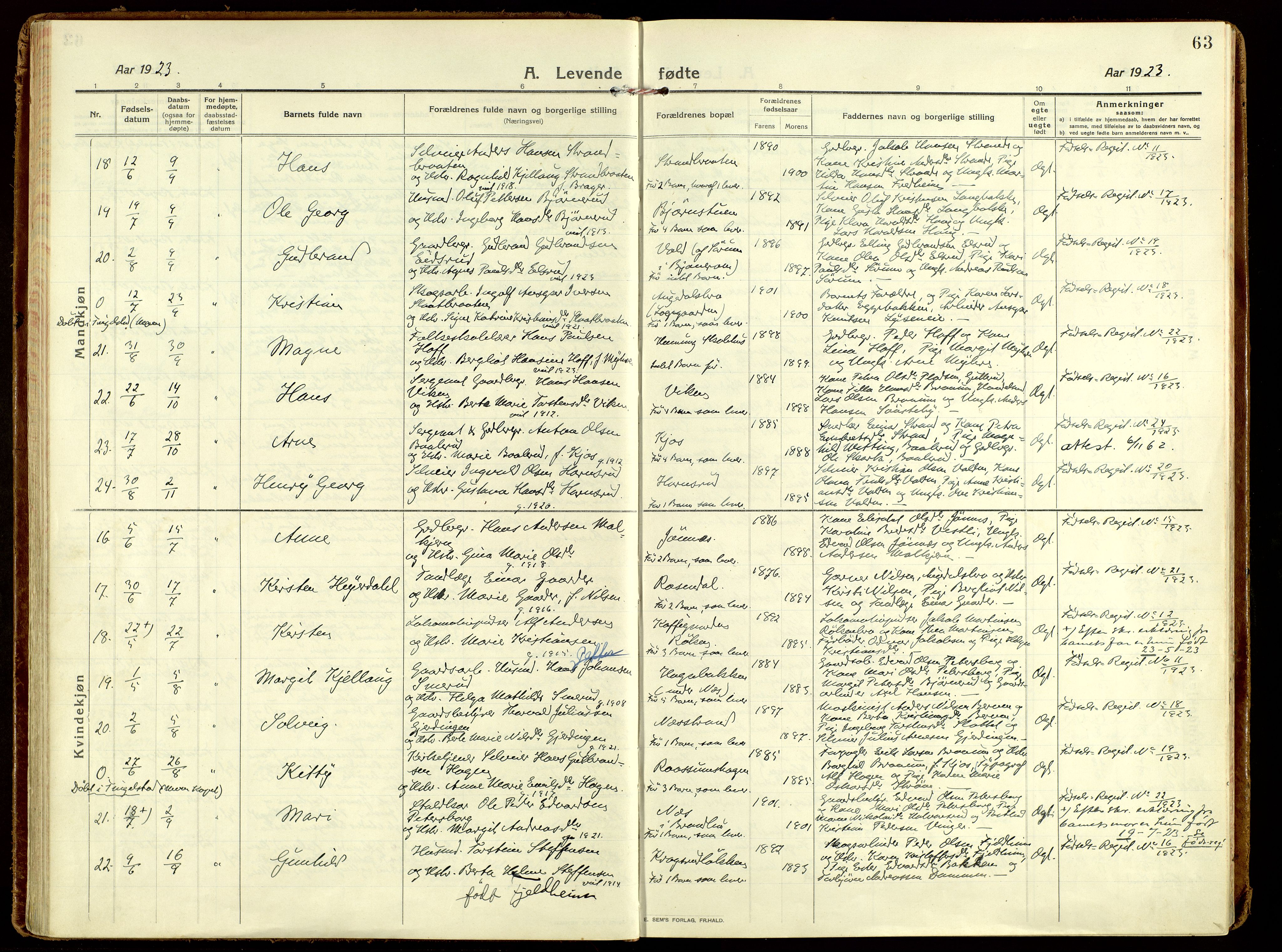 Brandbu prestekontor, AV/SAH-PREST-114/H/Ha/Haa/L0004: Parish register (official) no. 4, 1913-1923, p. 63